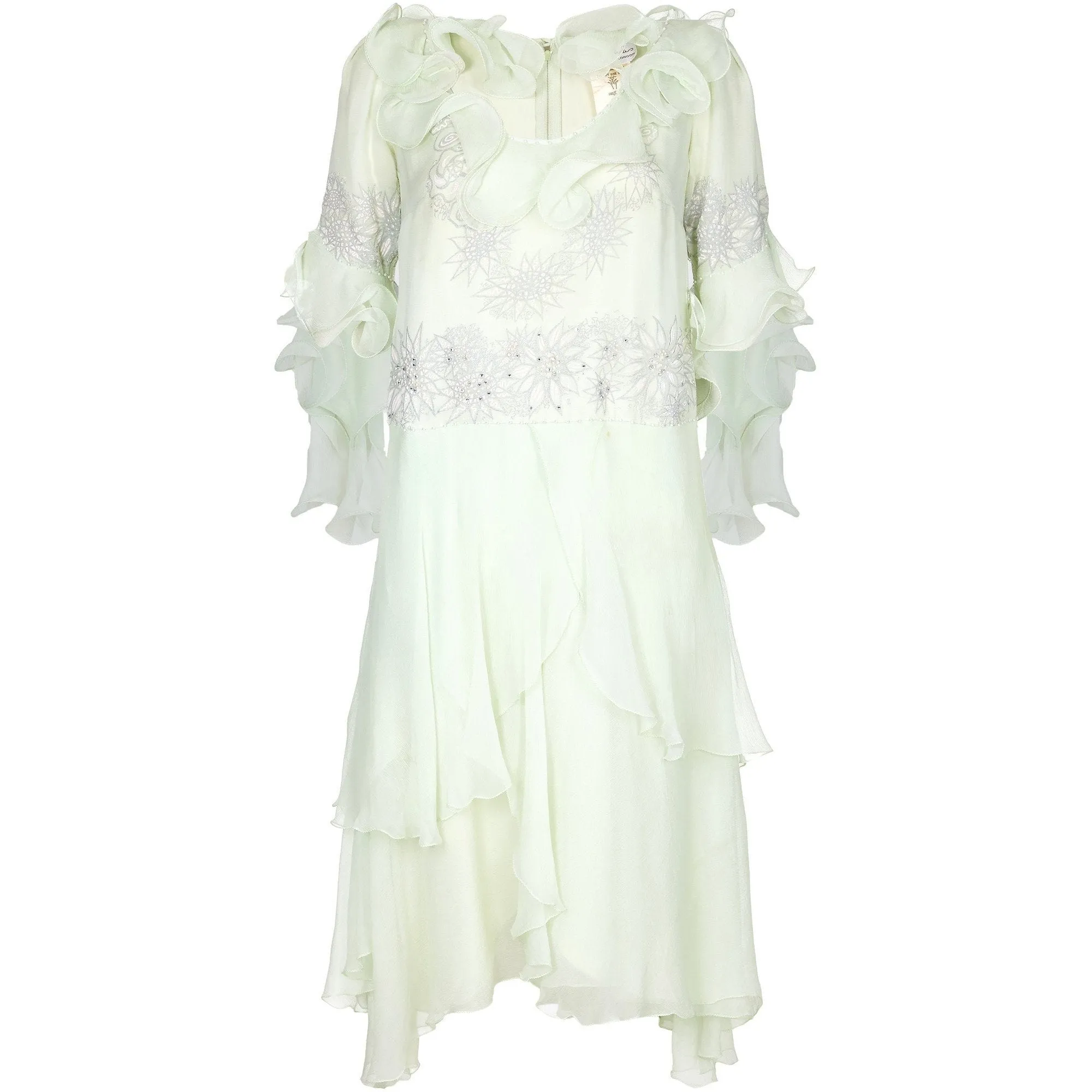 1980s Zandra Rhodes Pale Green Couture Silk Chiffon Dress