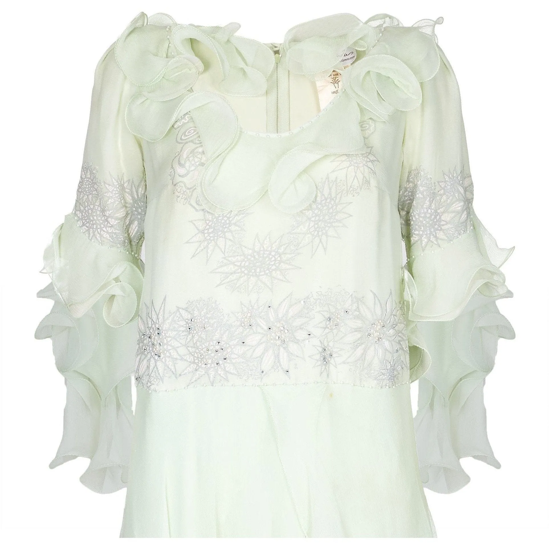 1980s Zandra Rhodes Pale Green Couture Silk Chiffon Dress