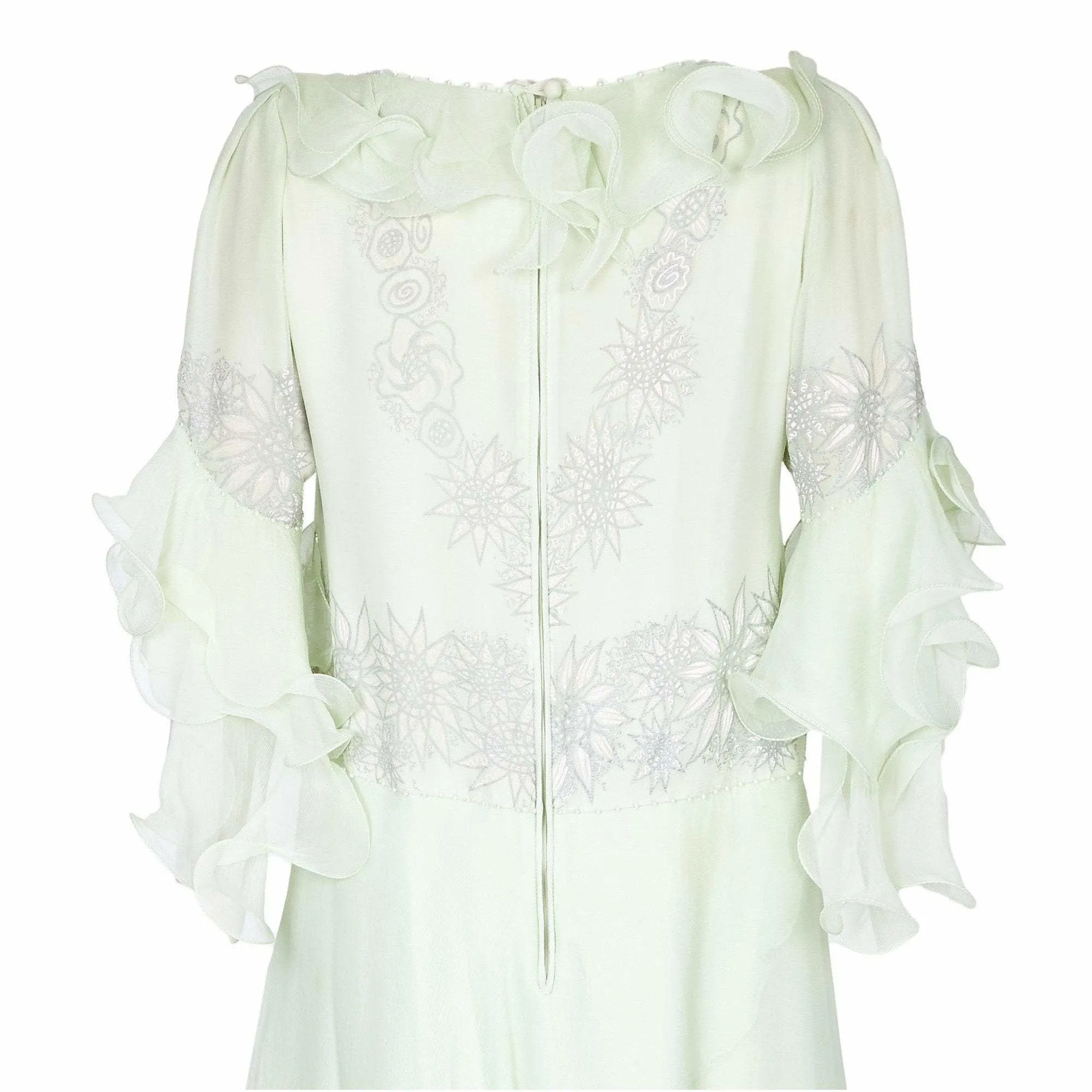 1980s Zandra Rhodes Pale Green Couture Silk Chiffon Dress