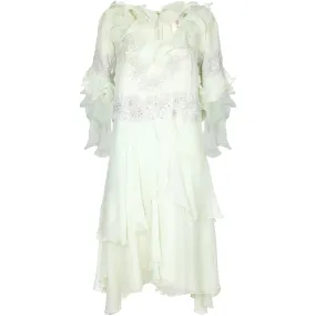 1980s Zandra Rhodes Pale Green Couture Silk Chiffon Dress