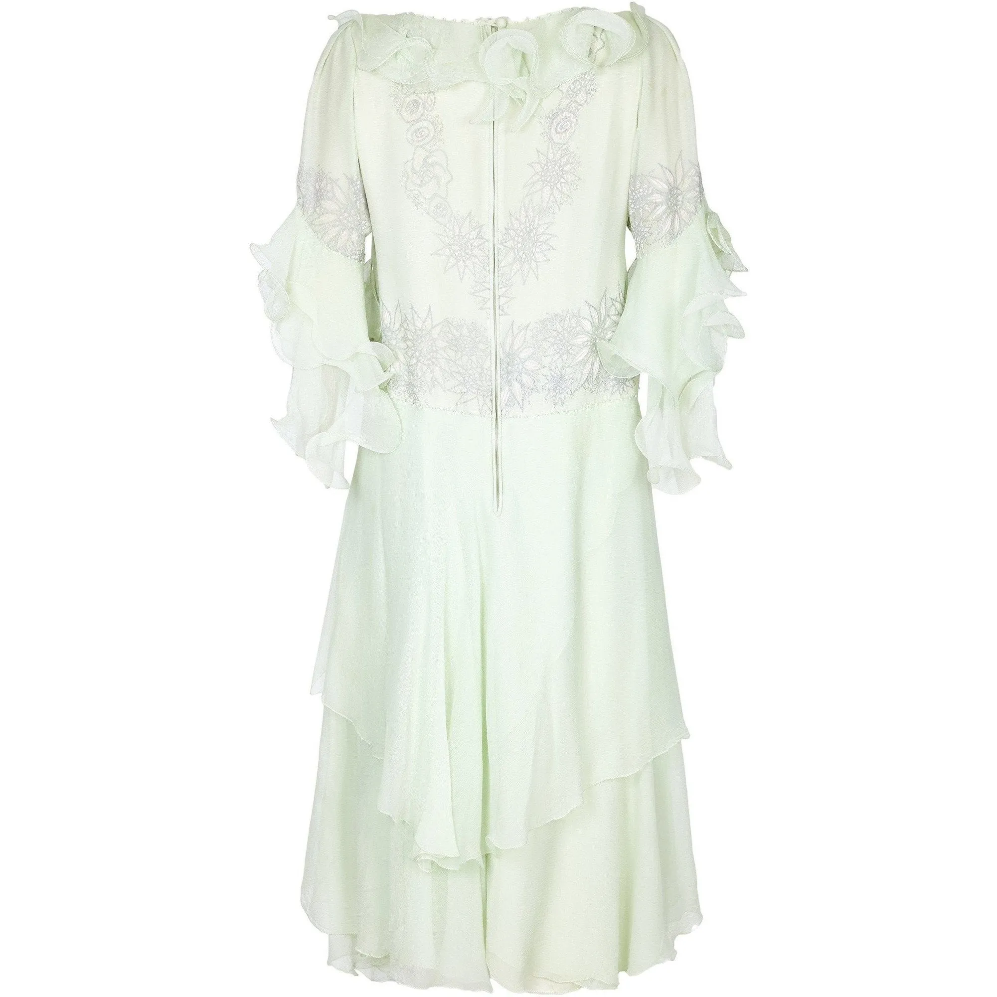 1980s Zandra Rhodes Pale Green Couture Silk Chiffon Dress