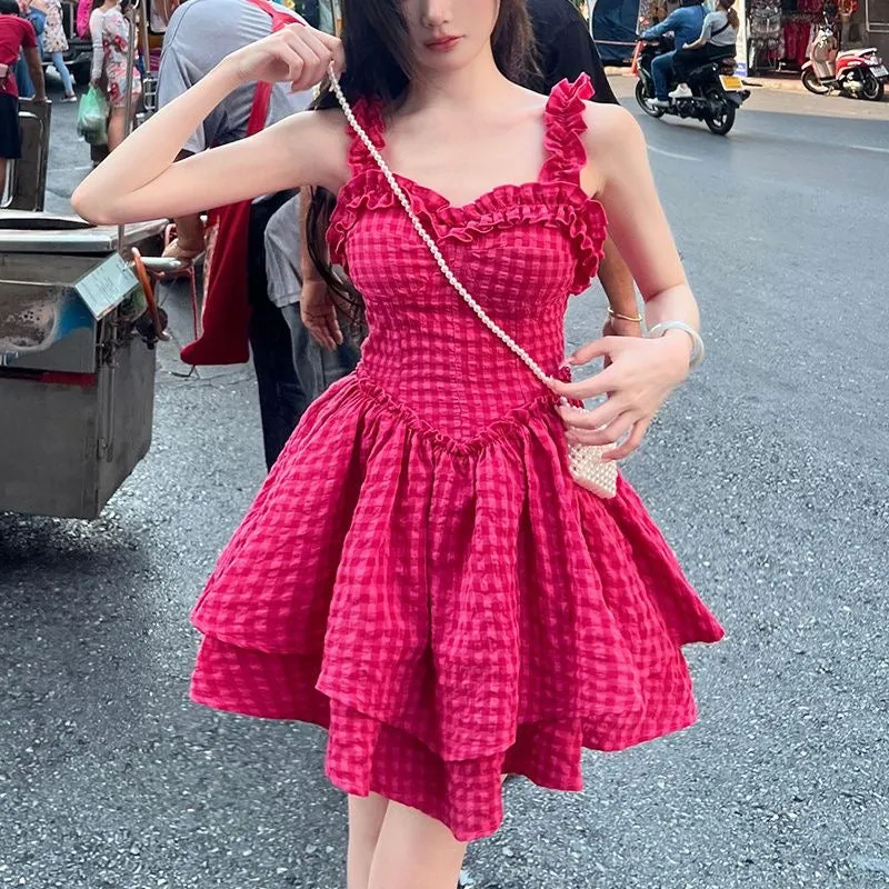 2024 Summer New Sweet and Flattering SISI Sauce Pink Puff Dress – Waist-Cinching, Double-Layered Skirt for a Slimming Effect