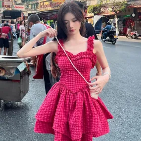 2024 Summer New Sweet and Flattering SISI Sauce Pink Puff Dress – Waist-Cinching, Double-Layered Skirt for a Slimming Effect