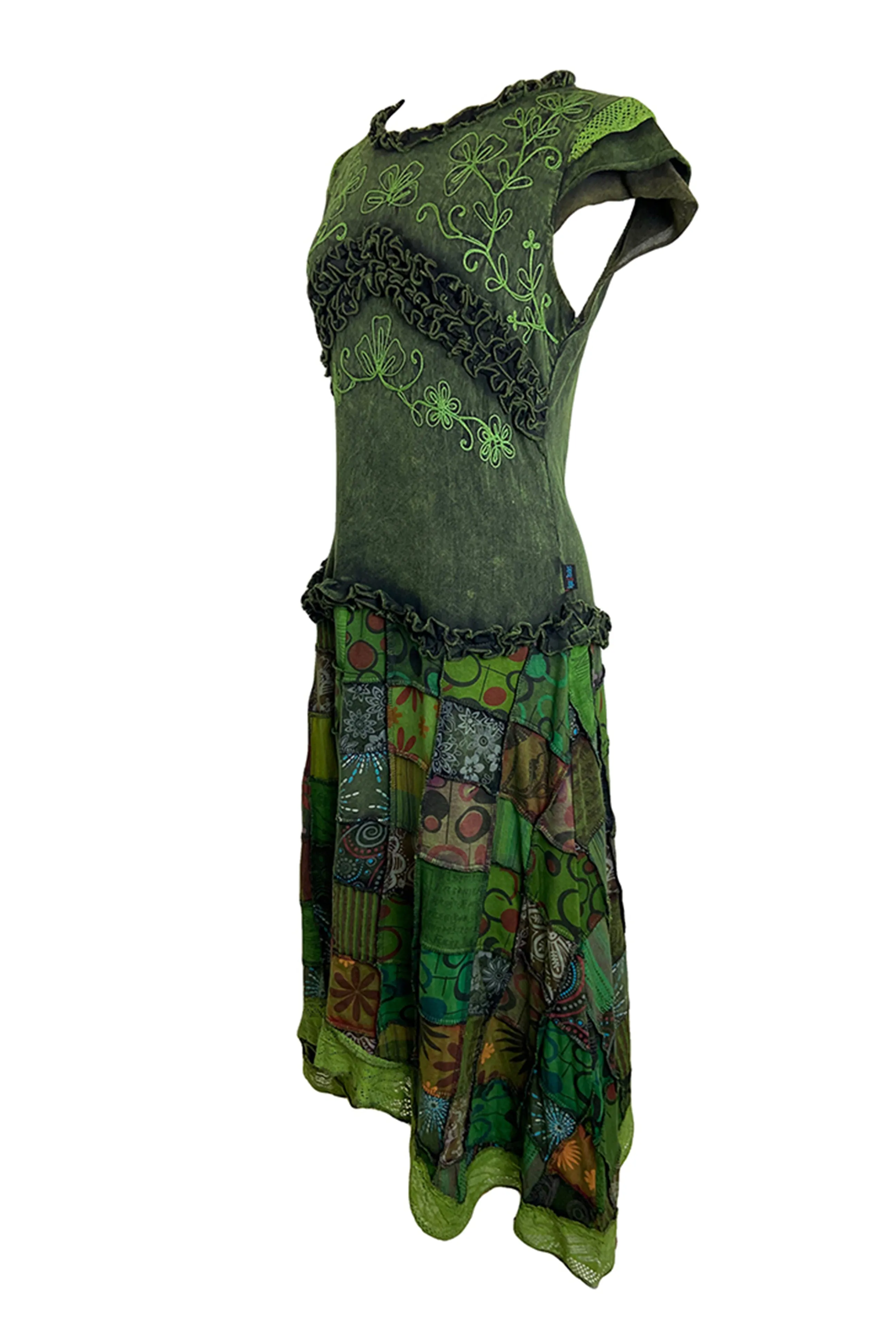 311 RD Bohemian Knit Cotton Funky Gauzy Lace Flare Patched Skirt Combo Cap Sleeve Dress