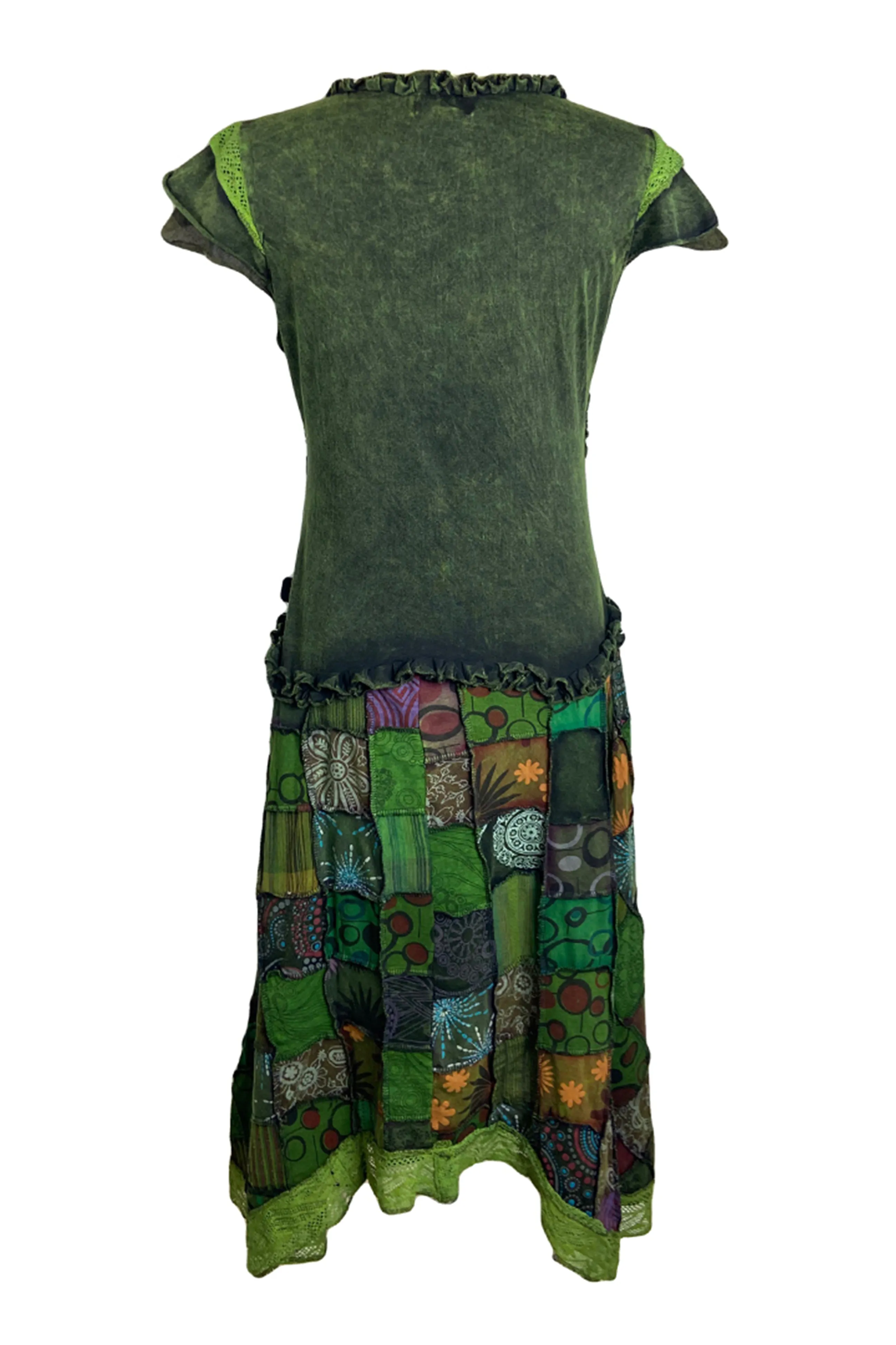 311 RD Bohemian Knit Cotton Funky Gauzy Lace Flare Patched Skirt Combo Cap Sleeve Dress