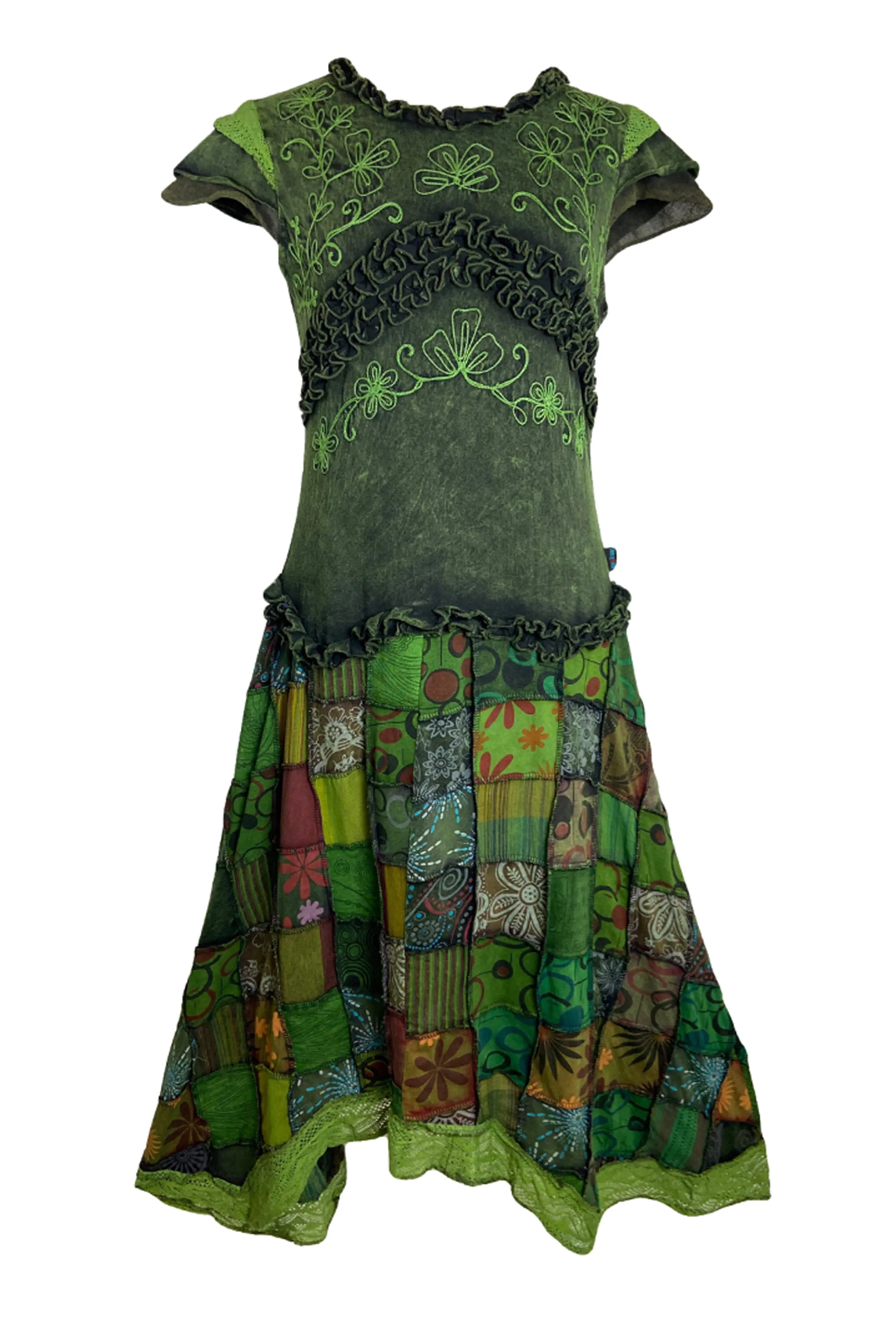 311 RD Bohemian Knit Cotton Funky Gauzy Lace Flare Patched Skirt Combo Cap Sleeve Dress