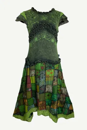 311 RD Bohemian Knit Cotton Funky Gauzy Lace Flare Patched Skirt Combo Cap Sleeve Dress