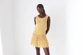 70s Textured Crochet Knit Mini Dress w/ Scalloped Hem