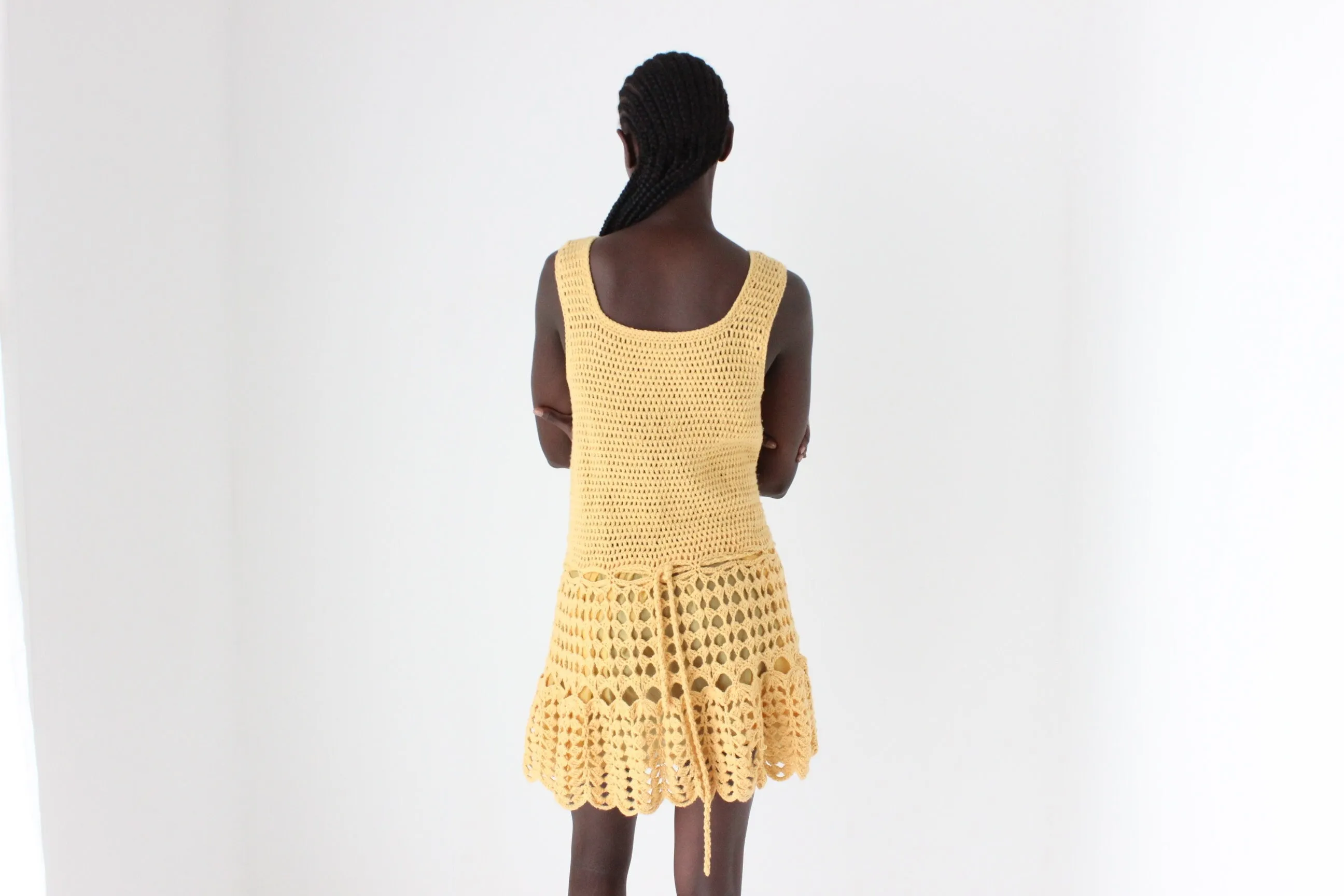 70s Textured Crochet Knit Mini Dress w/ Scalloped Hem