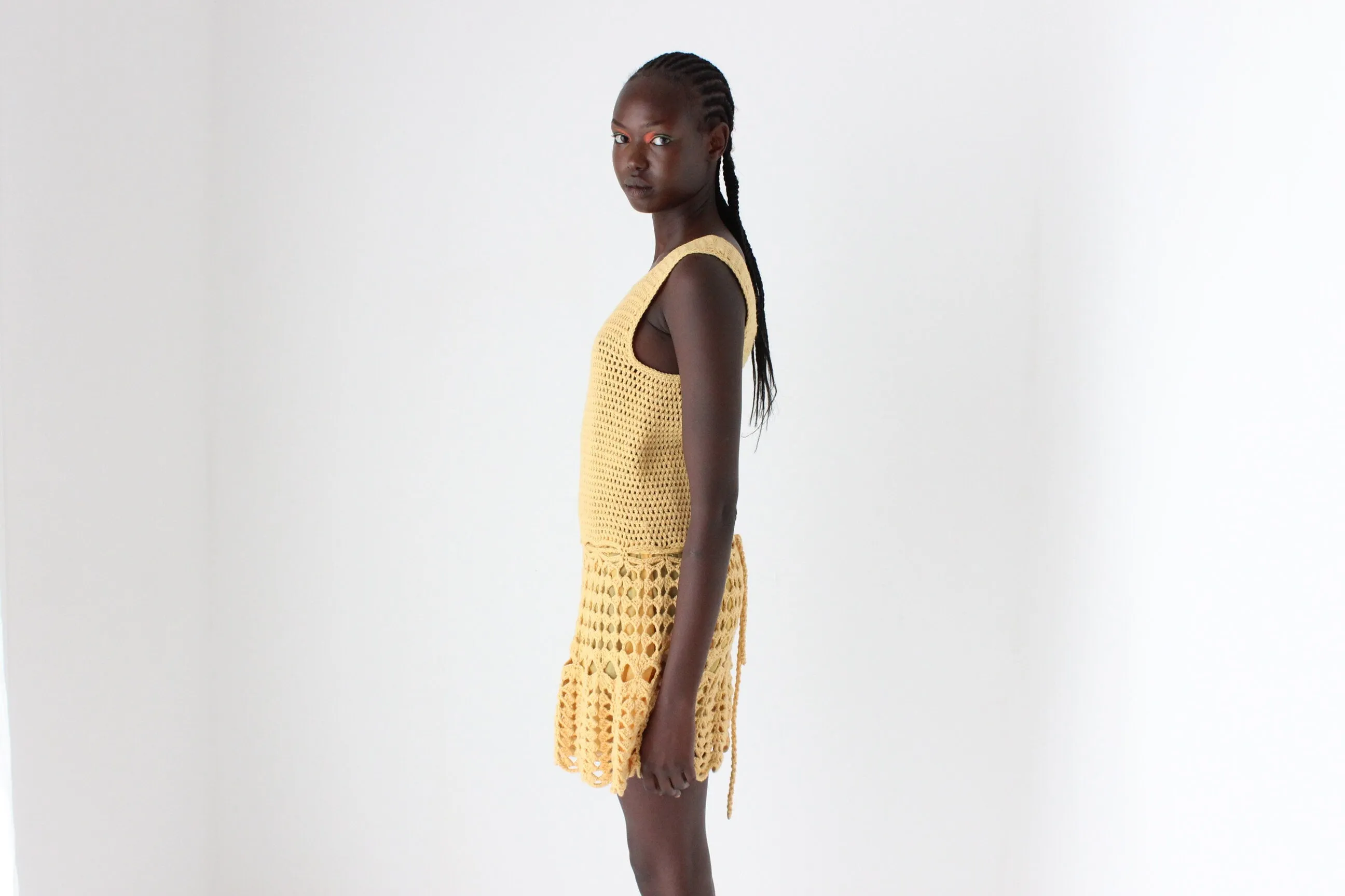 70s Textured Crochet Knit Mini Dress w/ Scalloped Hem