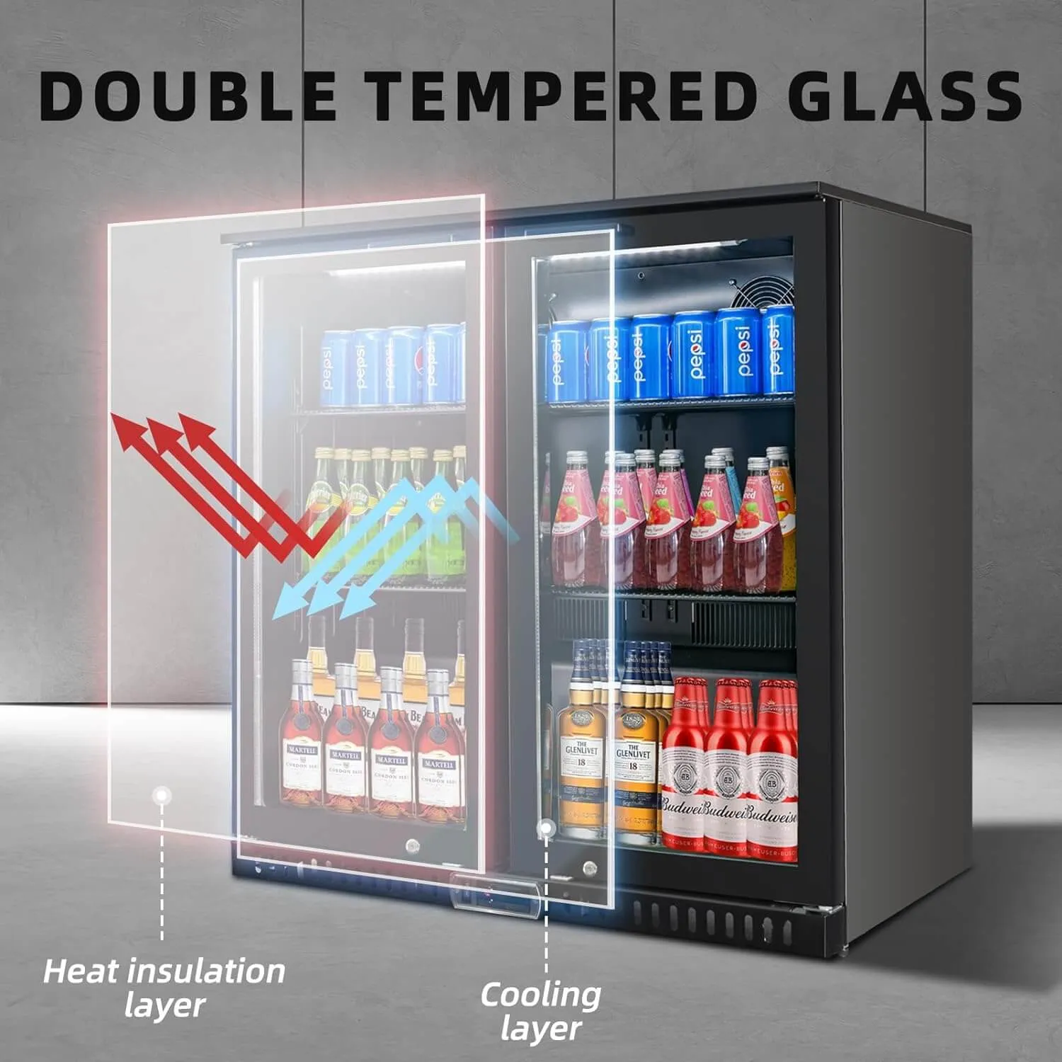 Back Bar Cooler with 2 Glass Doors, Under Counter Beverage Refrigerator, 7.4 cu.ft Mini Fridge Cooler with LED Lighting for Soda Drinks, Beer, Wine