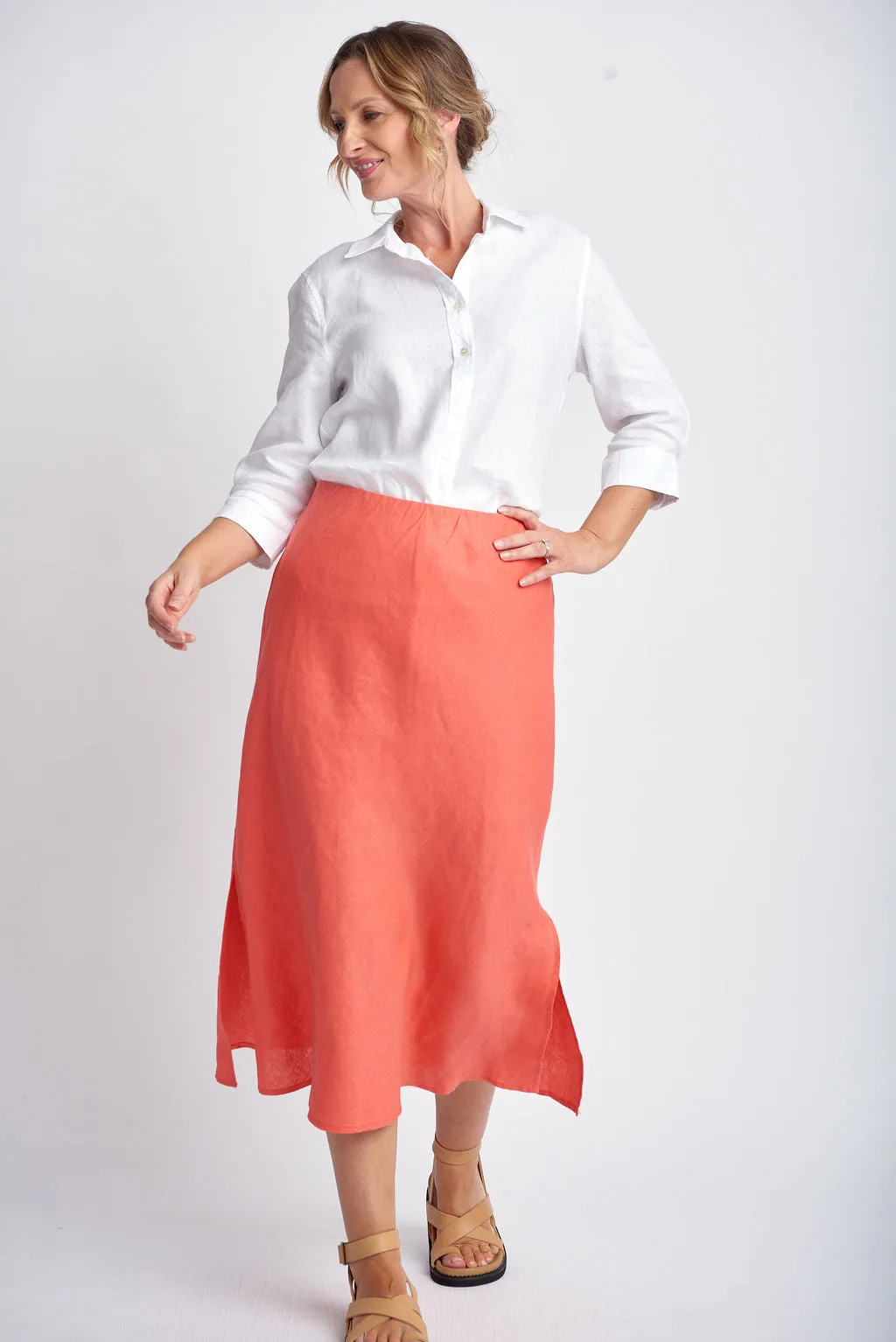 Bias Cut Linen Skirt Coral