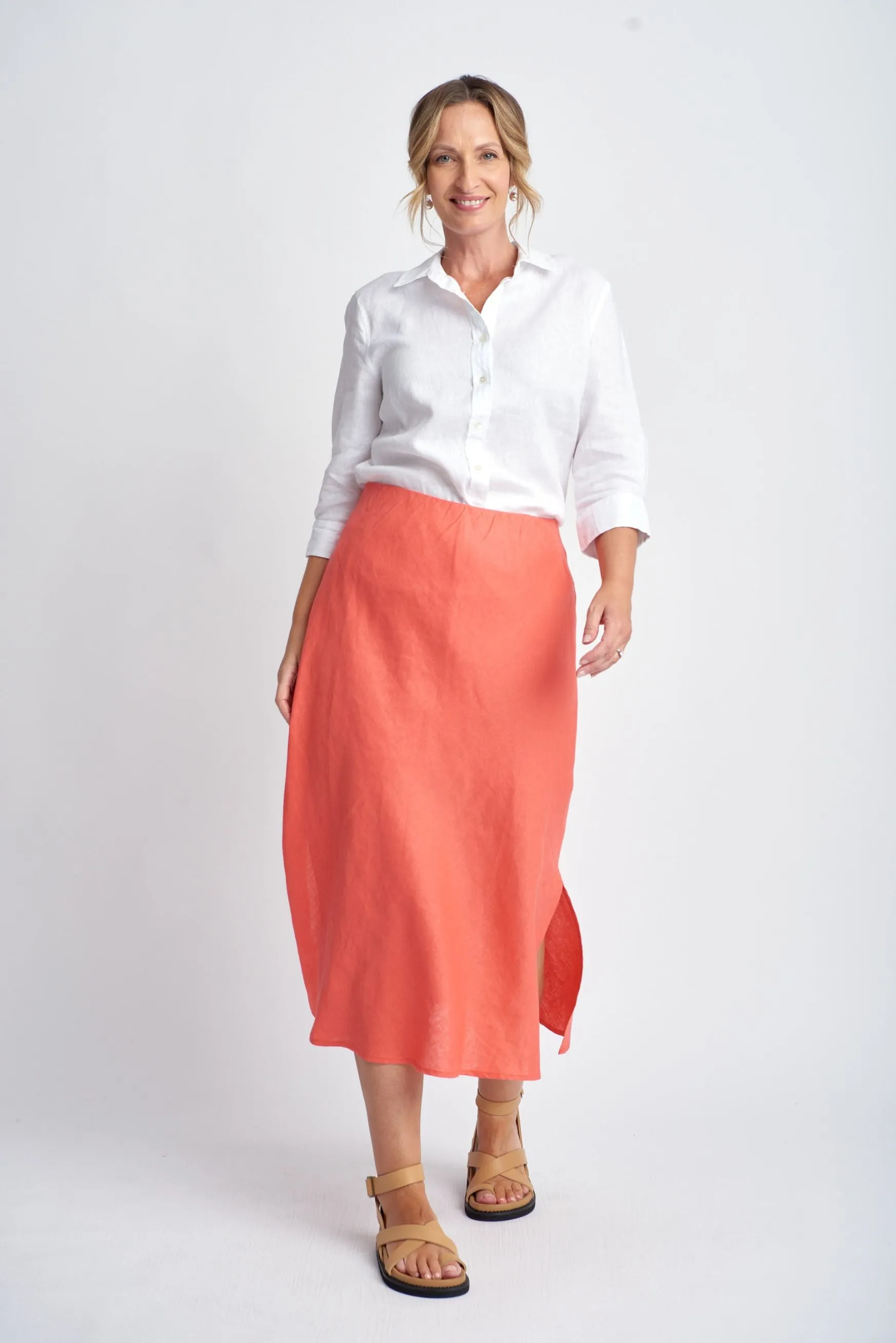 Bias Cut Linen Skirt Coral