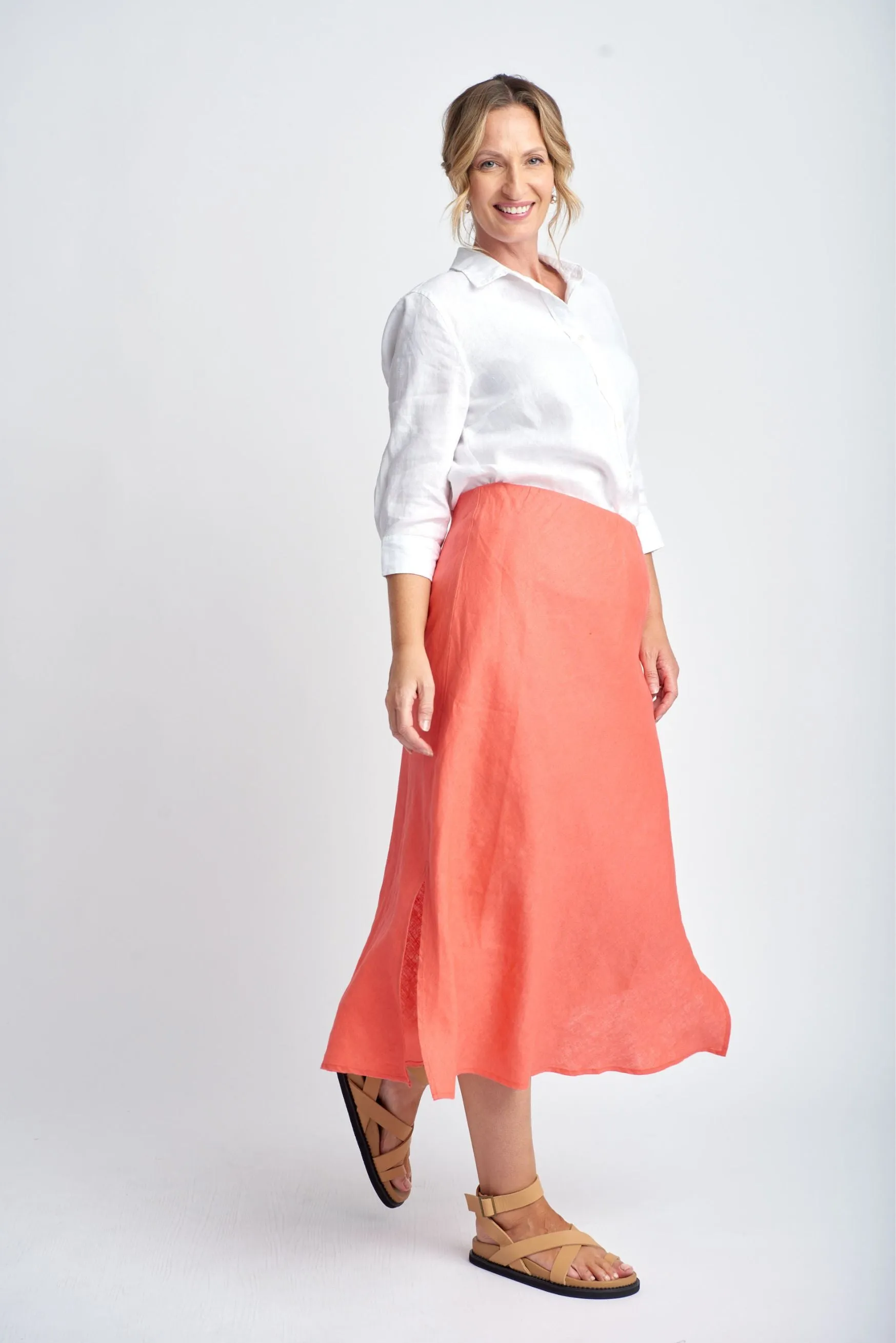 Bias Cut Linen Skirt Coral