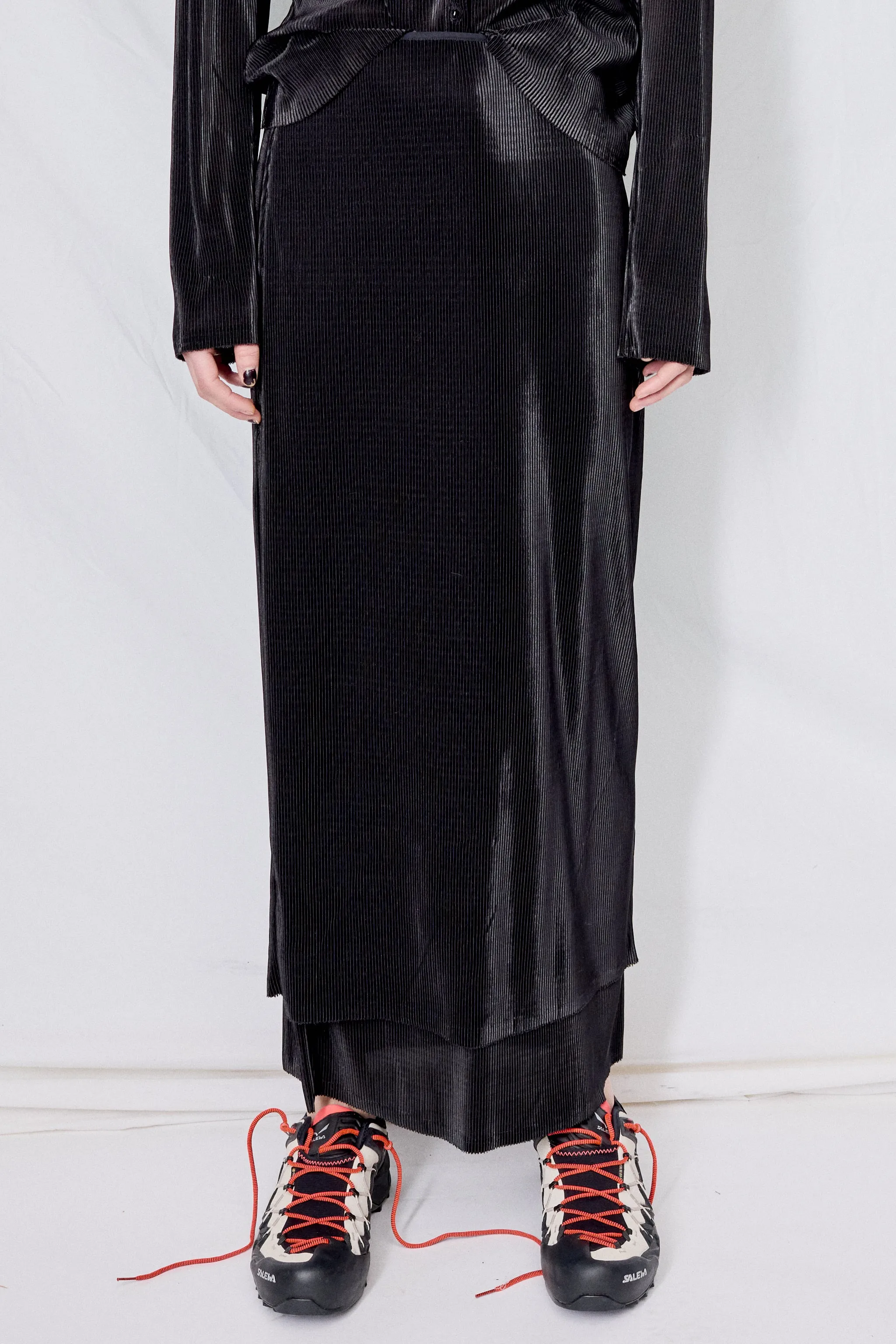 Black Plisse Layered Maxi Skirt