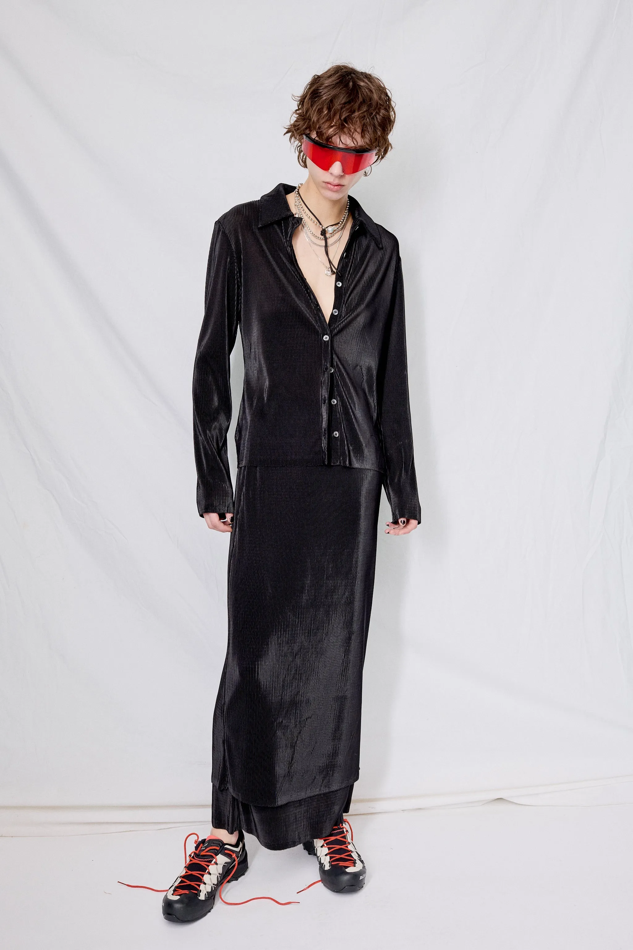 Black Plisse Layered Maxi Skirt