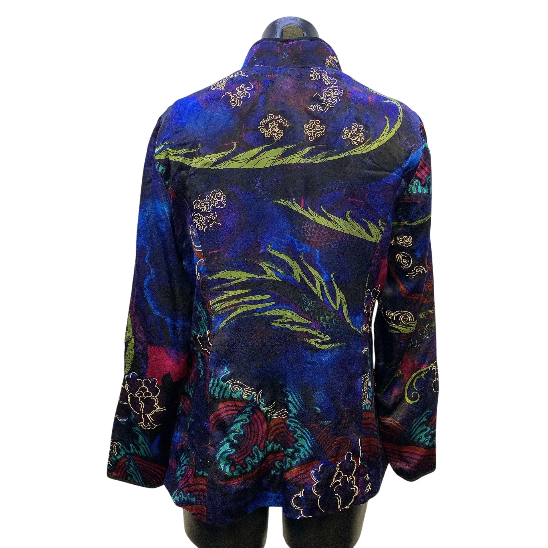 Chicos Silk Cobalt Blue w/Multicolored Print Oriental Jacket With Embroidered Details - Size 1