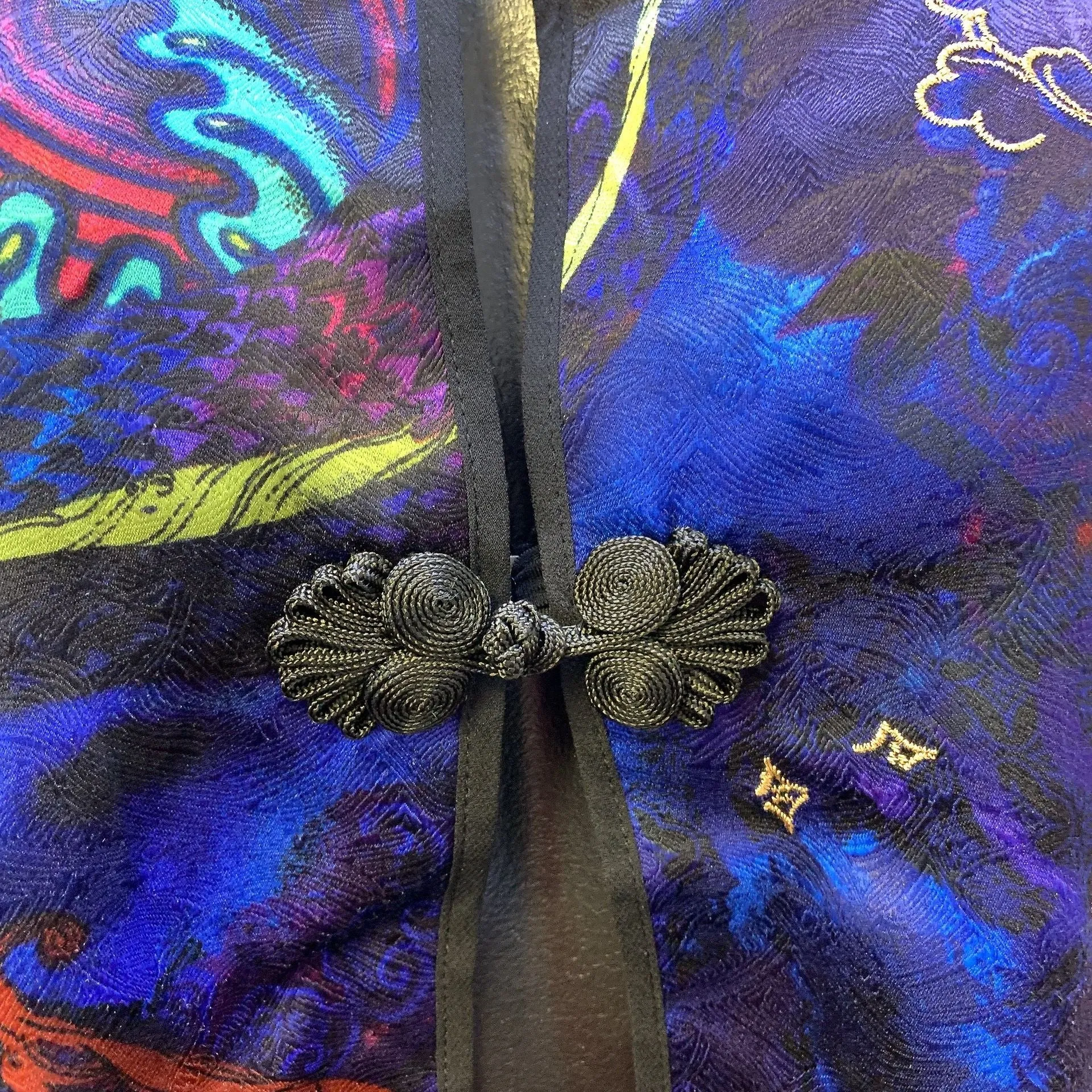 Chicos Silk Cobalt Blue w/Multicolored Print Oriental Jacket With Embroidered Details - Size 1