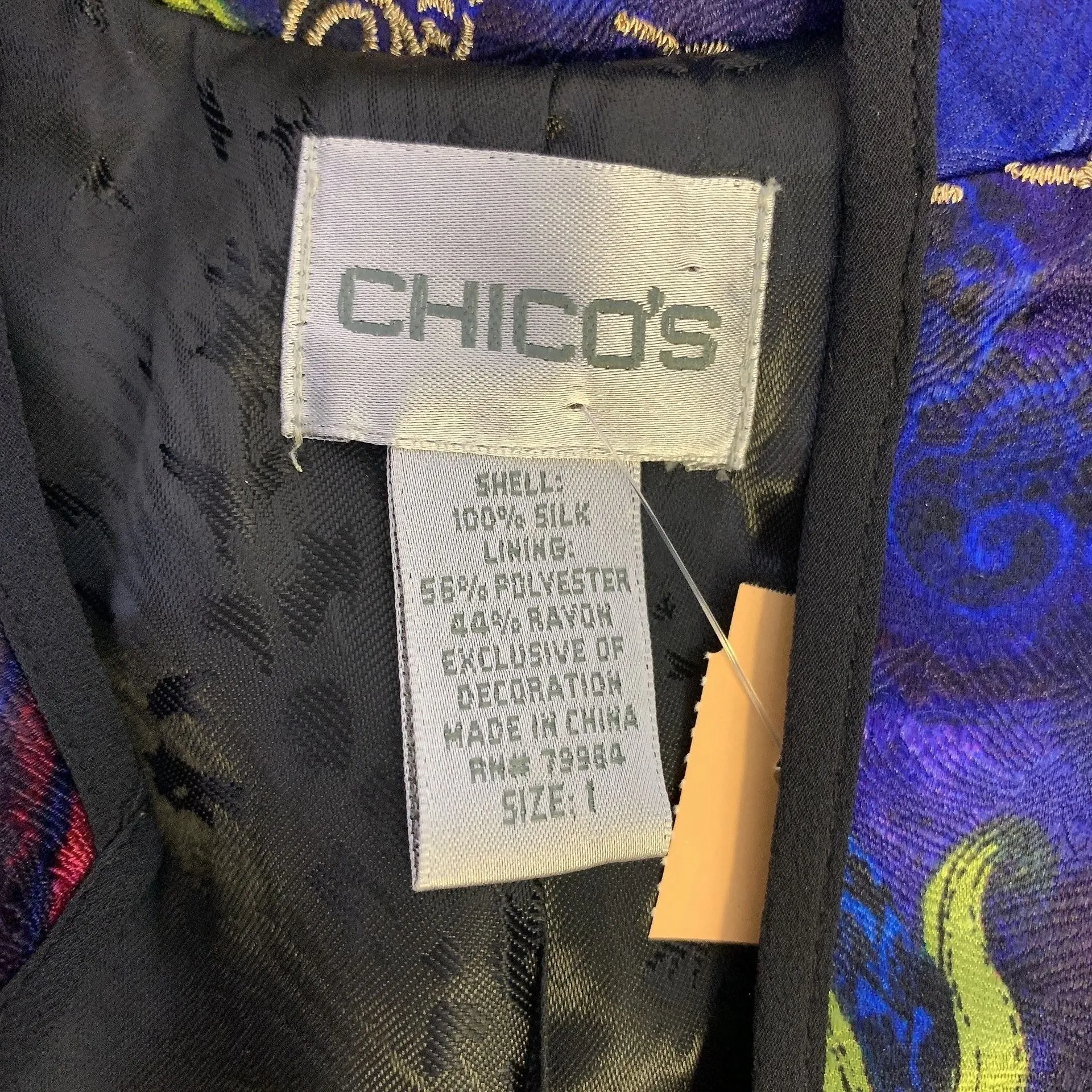Chicos Silk Cobalt Blue w/Multicolored Print Oriental Jacket With Embroidered Details - Size 1