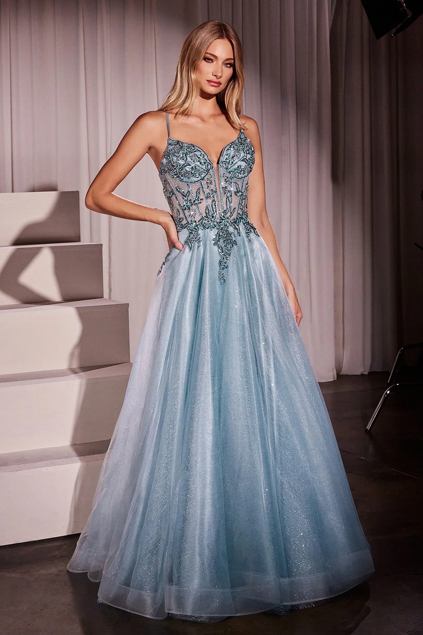 CINDERELLA DIVINE CC0881 A-Line Layered Tulle Gown & Lace Embellished Bodice