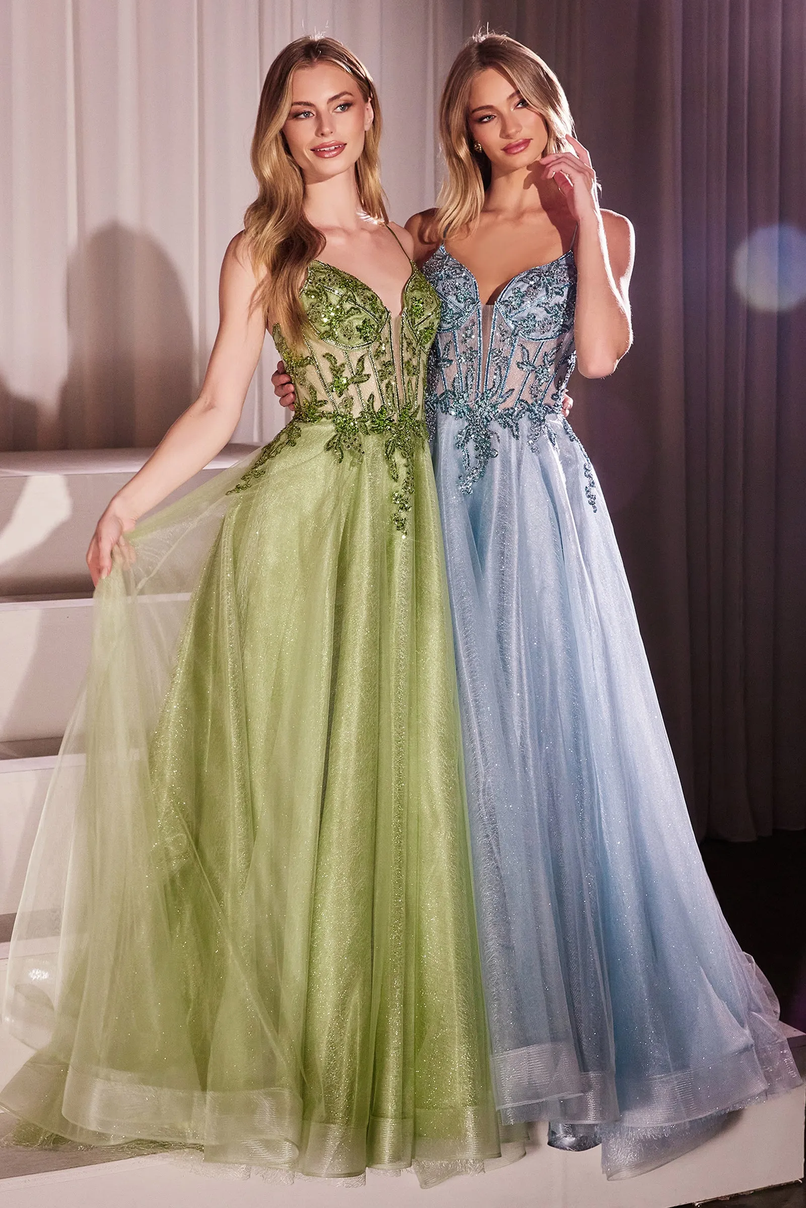 CINDERELLA DIVINE CC0881 A-Line Layered Tulle Gown & Lace Embellished Bodice