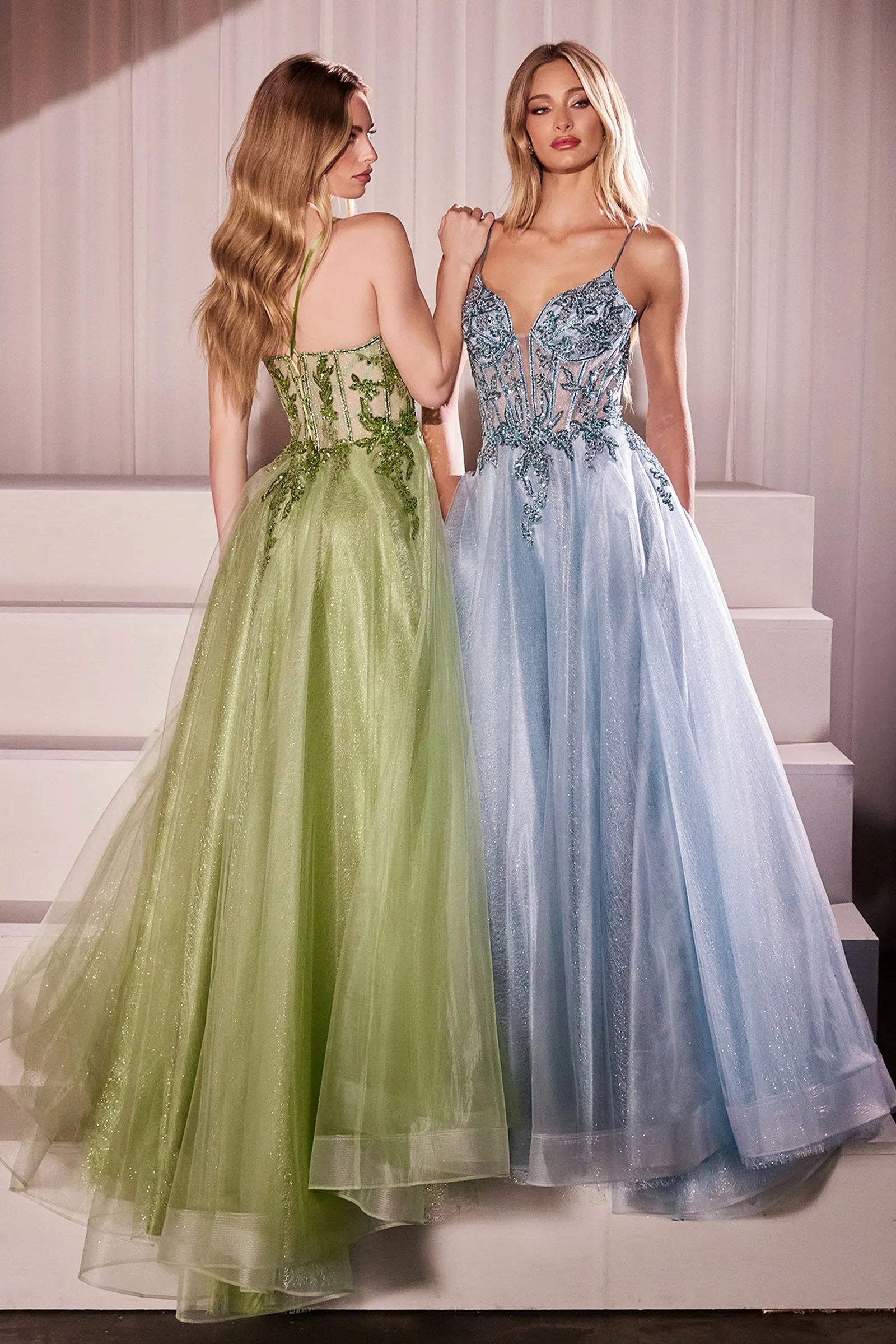 CINDERELLA DIVINE CC0881 A-Line Layered Tulle Gown & Lace Embellished Bodice