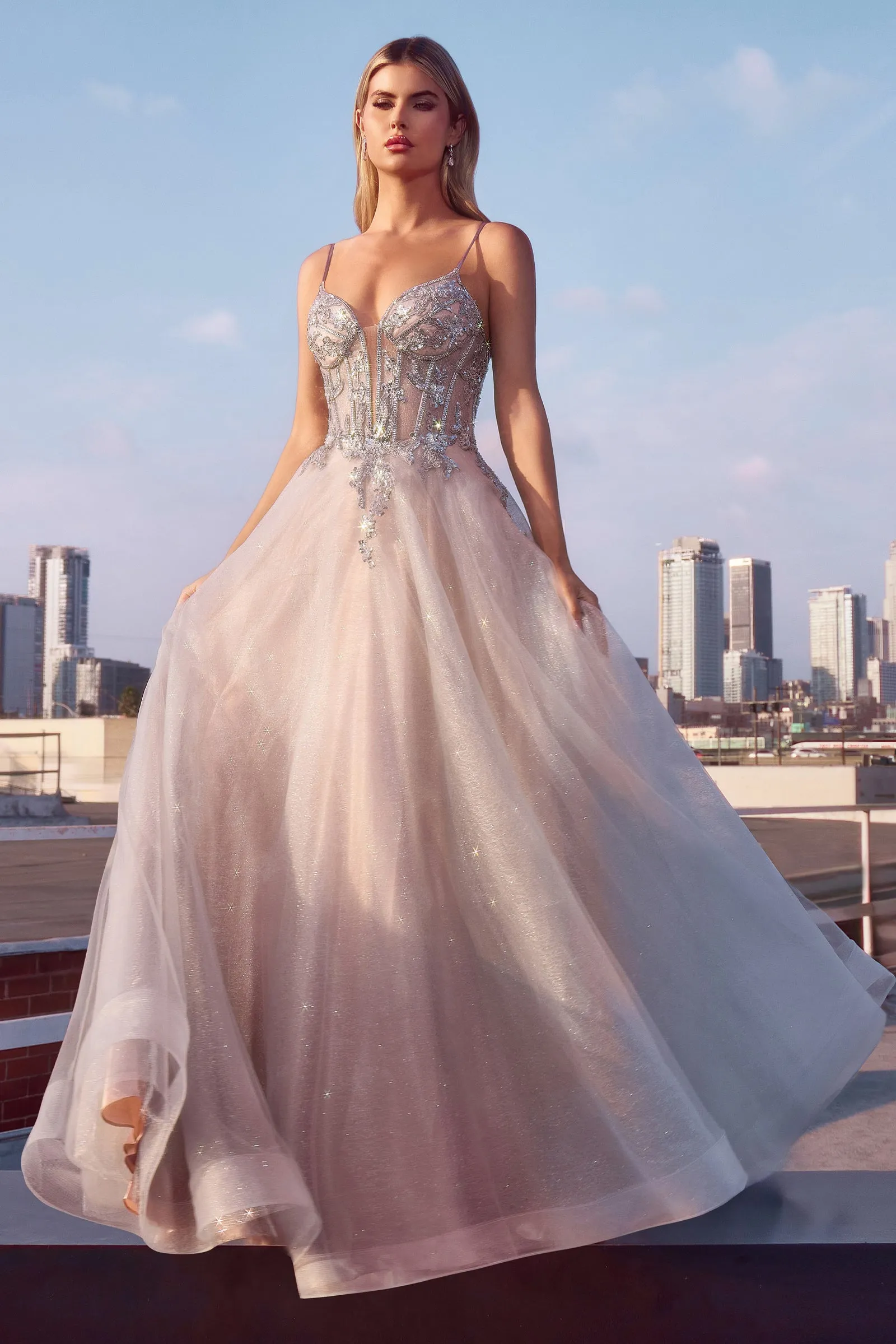 CINDERELLA DIVINE CC0881 A-Line Layered Tulle Gown & Lace Embellished Bodice