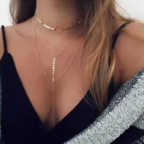 Circle Pendant Three Layer Choker Necklace with Coins and Chains - High-Quality Zinc Alloy