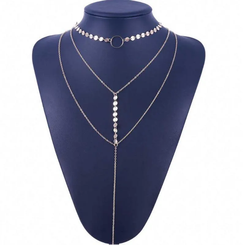 Circle Pendant Three Layer Choker Necklace with Coins and Chains - High-Quality Zinc Alloy