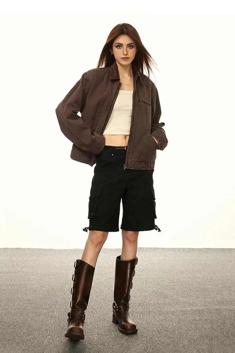 Classic Cropped  Brown Corduroy Bomber Jacket