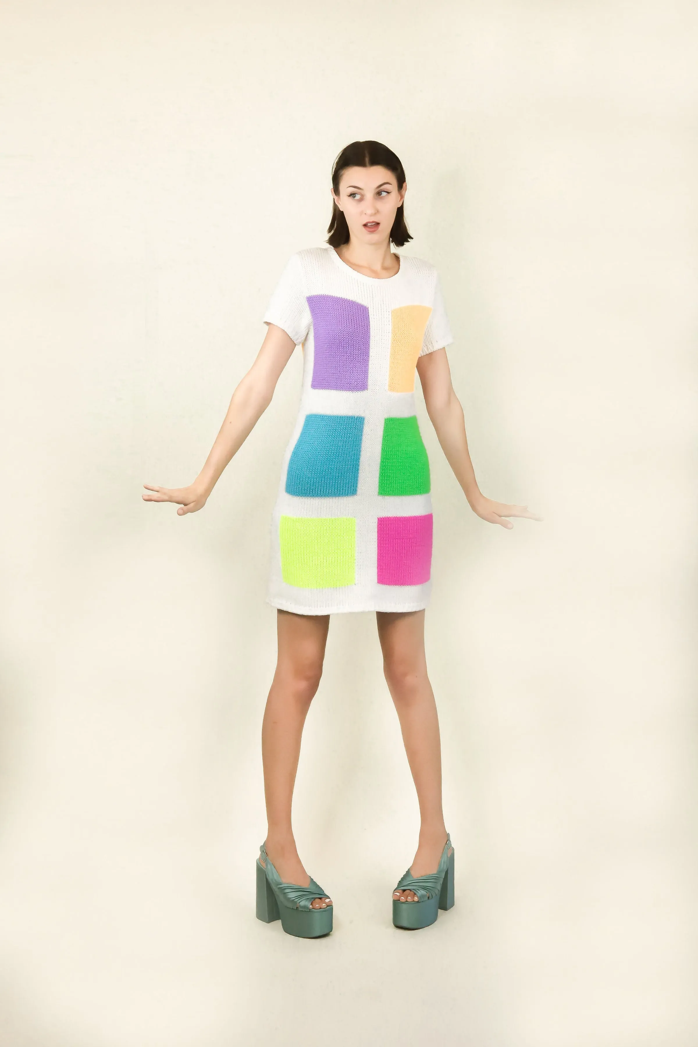 Courreges c.1980's White with Neon Colored Square Knit Dress
