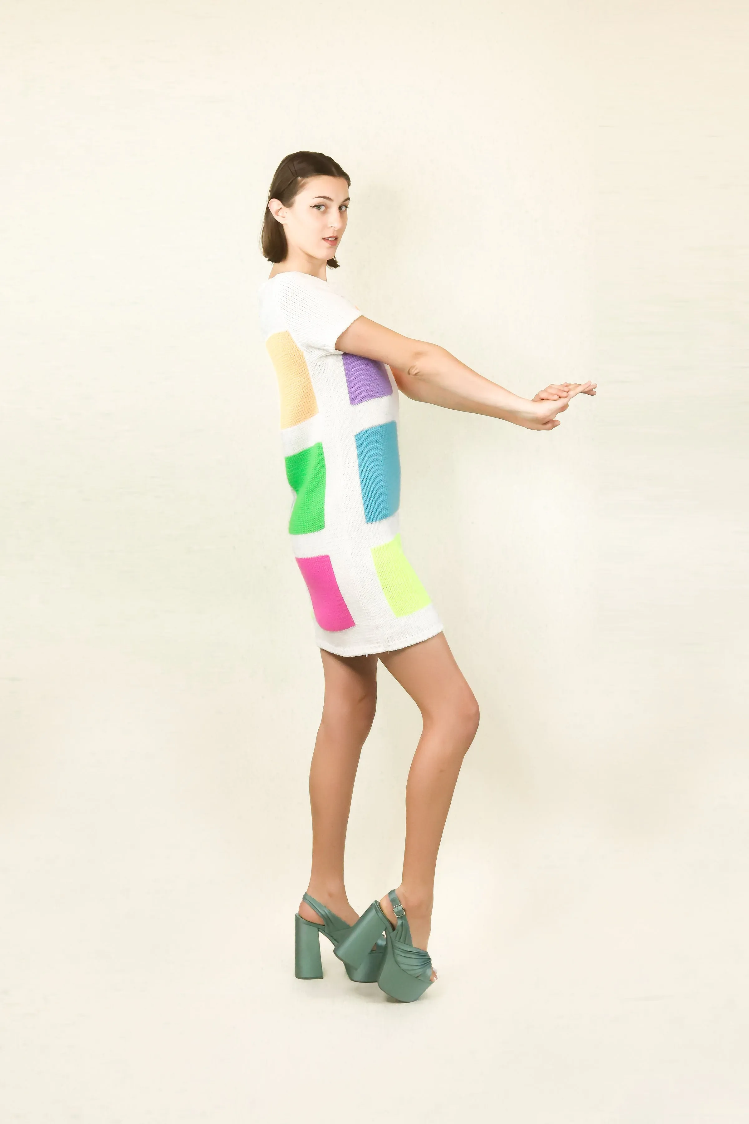 Courreges c.1980's White with Neon Colored Square Knit Dress