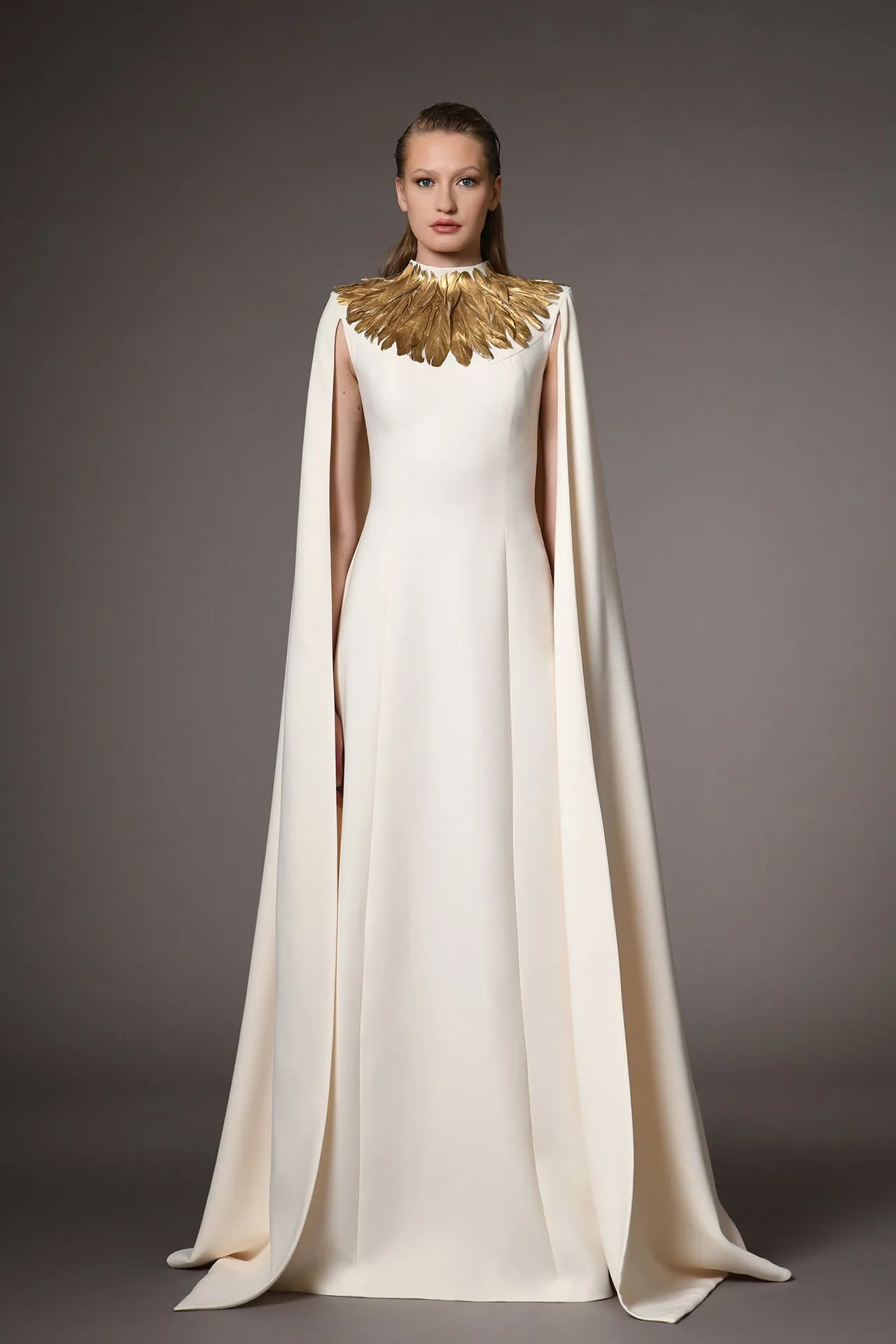 Crepe Cape Dress with Feathers