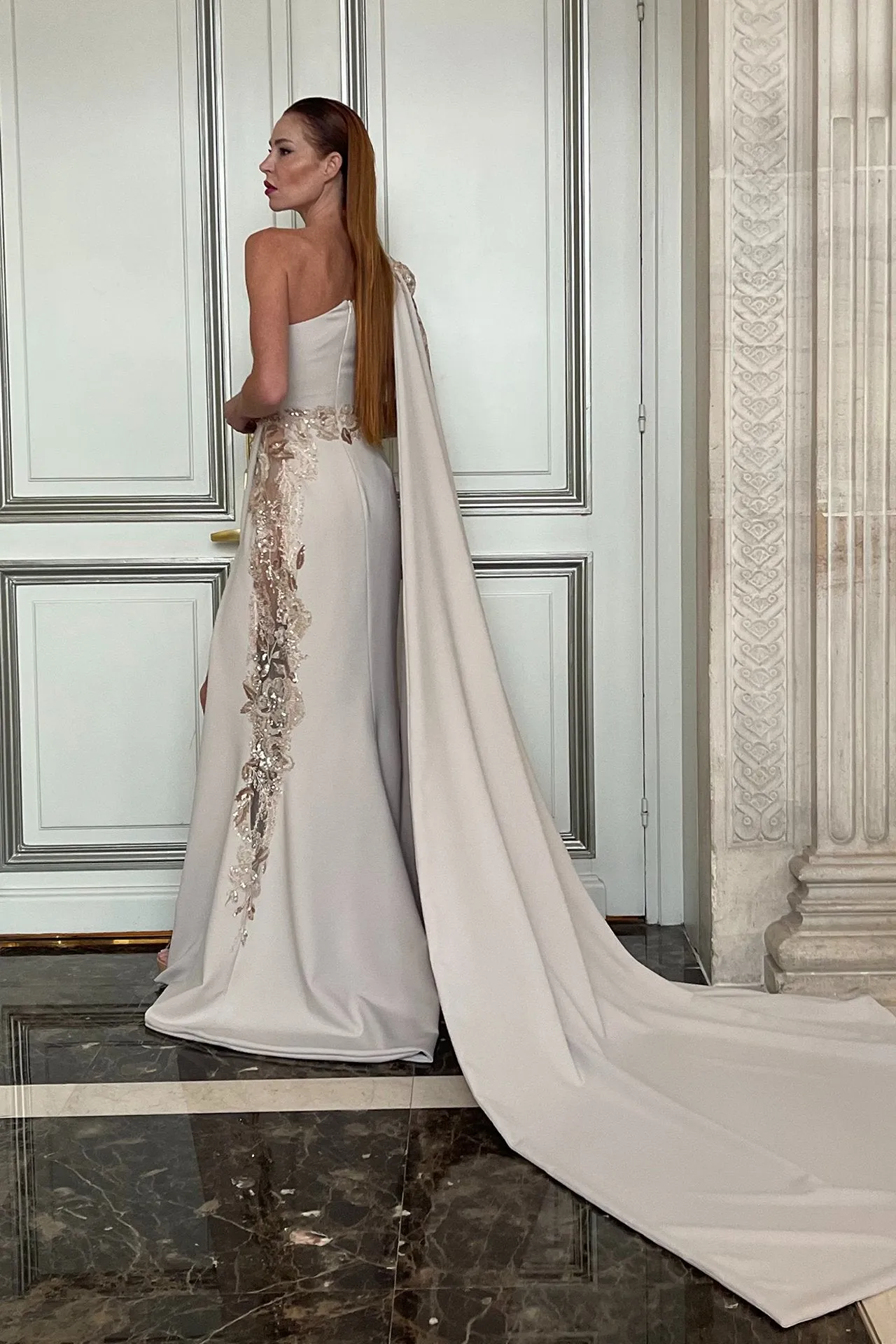 Crepe One-Shoulder Dress with Side Cape