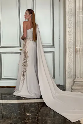 Crepe One-Shoulder Dress with Side Cape