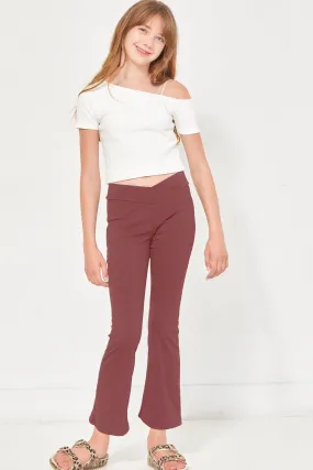 Crossover Waist Ribbed Flare Pants - Brick