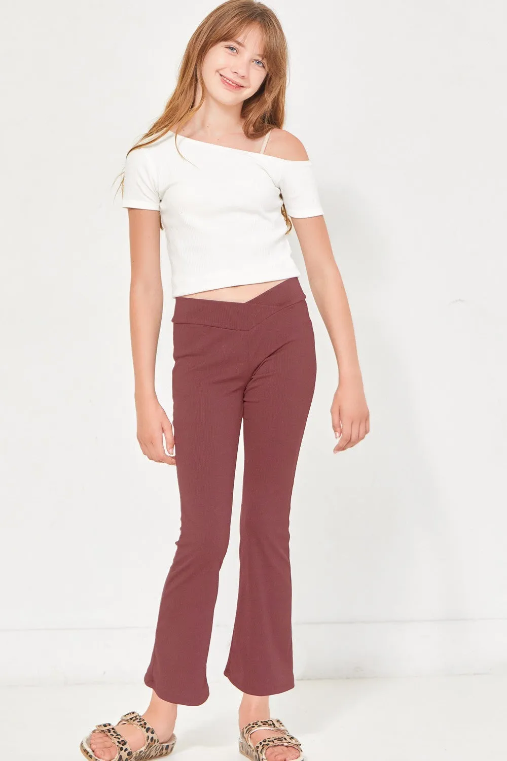 Crossover Waist Ribbed Flare Pants - Brick