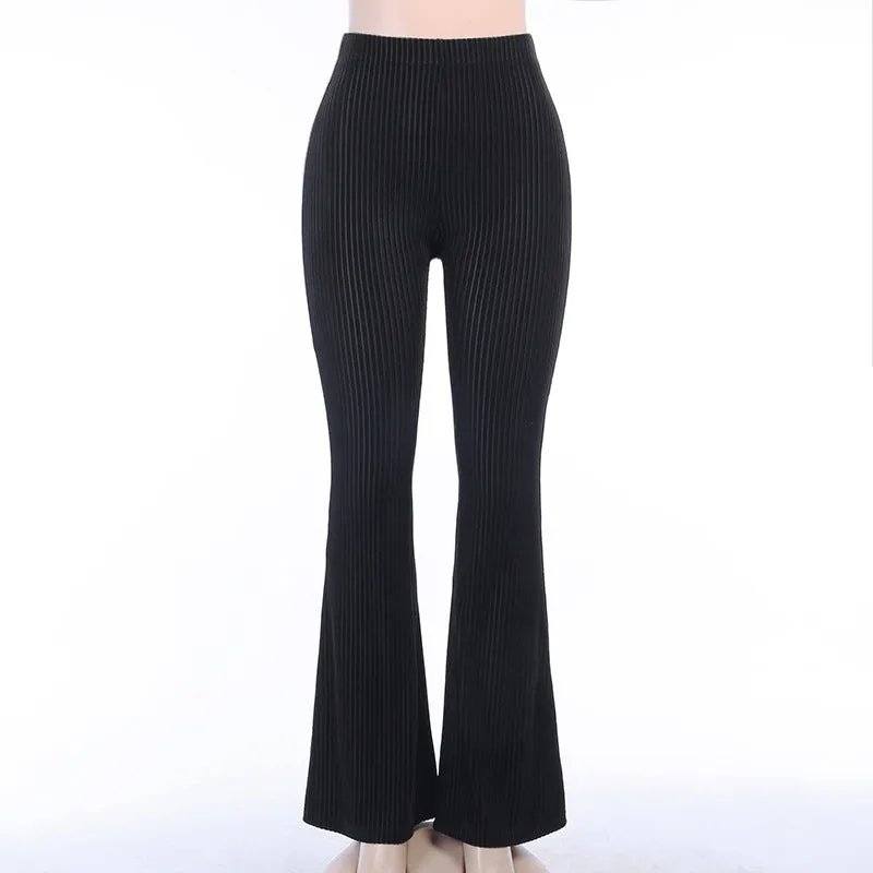 Dark Retro High Waist slim drop bell flared pants ins suede pit strip casual wide leg trousers for girls