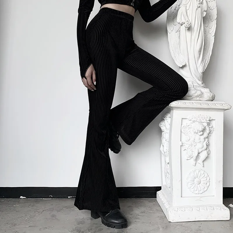 Dark Retro High Waist slim drop bell flared pants ins suede pit strip casual wide leg trousers for girls