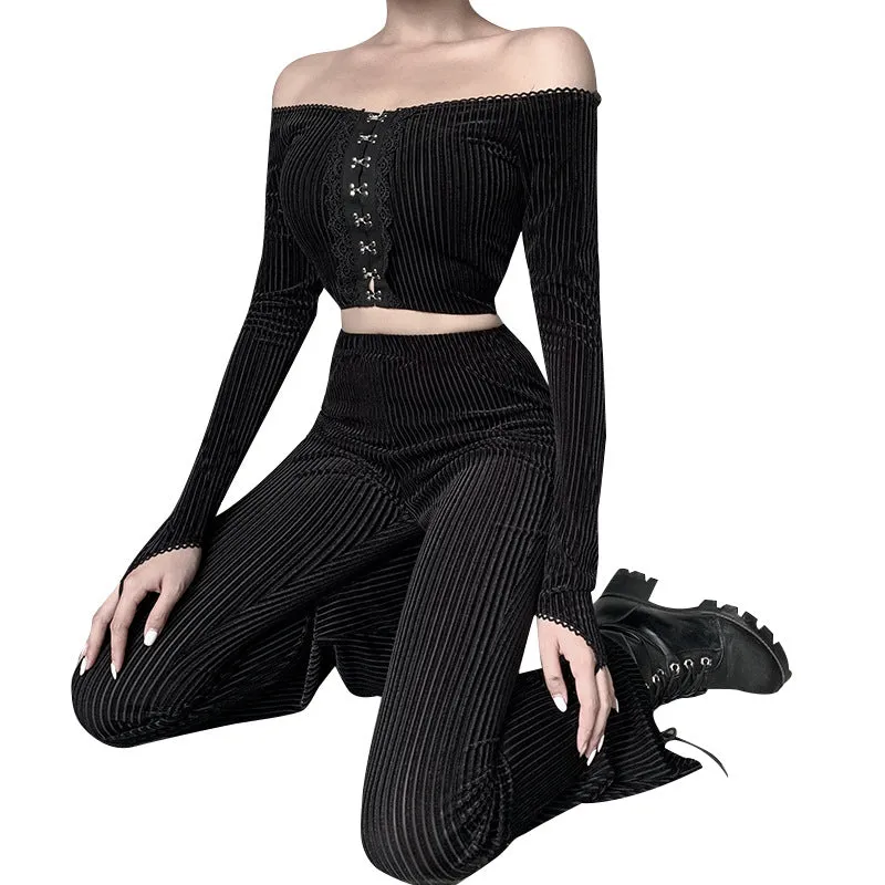 Dark Retro High Waist slim drop bell flared pants ins suede pit strip casual wide leg trousers for girls
