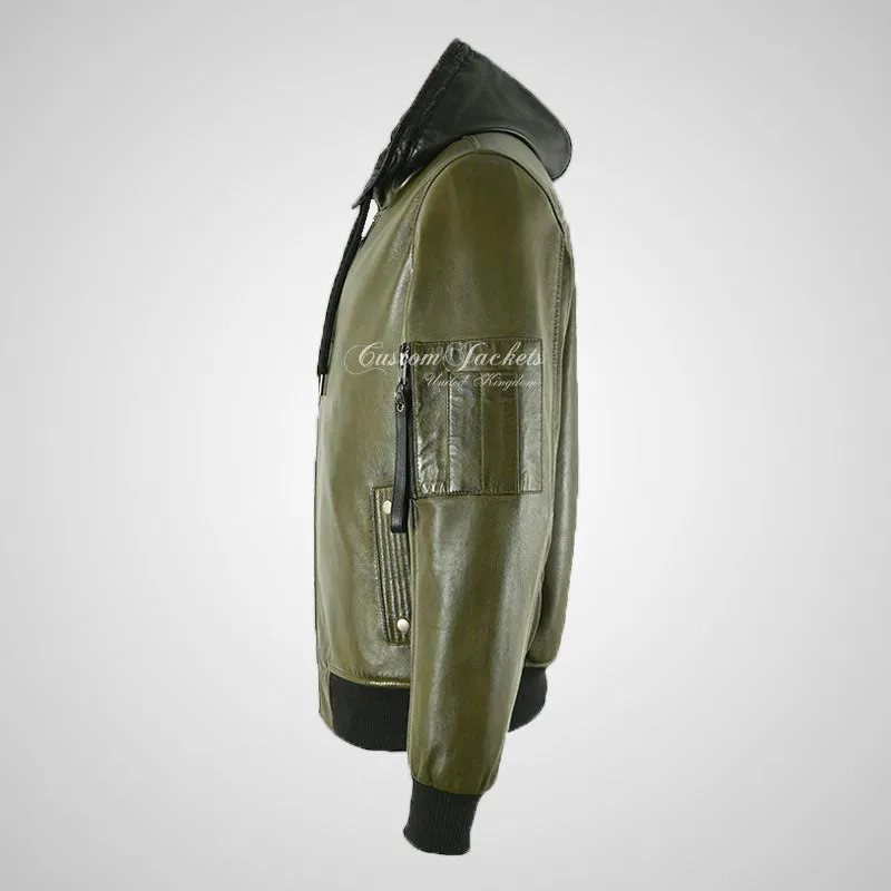 DI MARCO Mens Hooded Leather Jacket Removeable Hood Bomber Jacket Olive