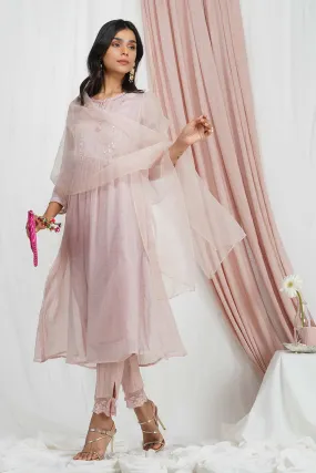 Dusty Pink Kurta Set With Organza Stole