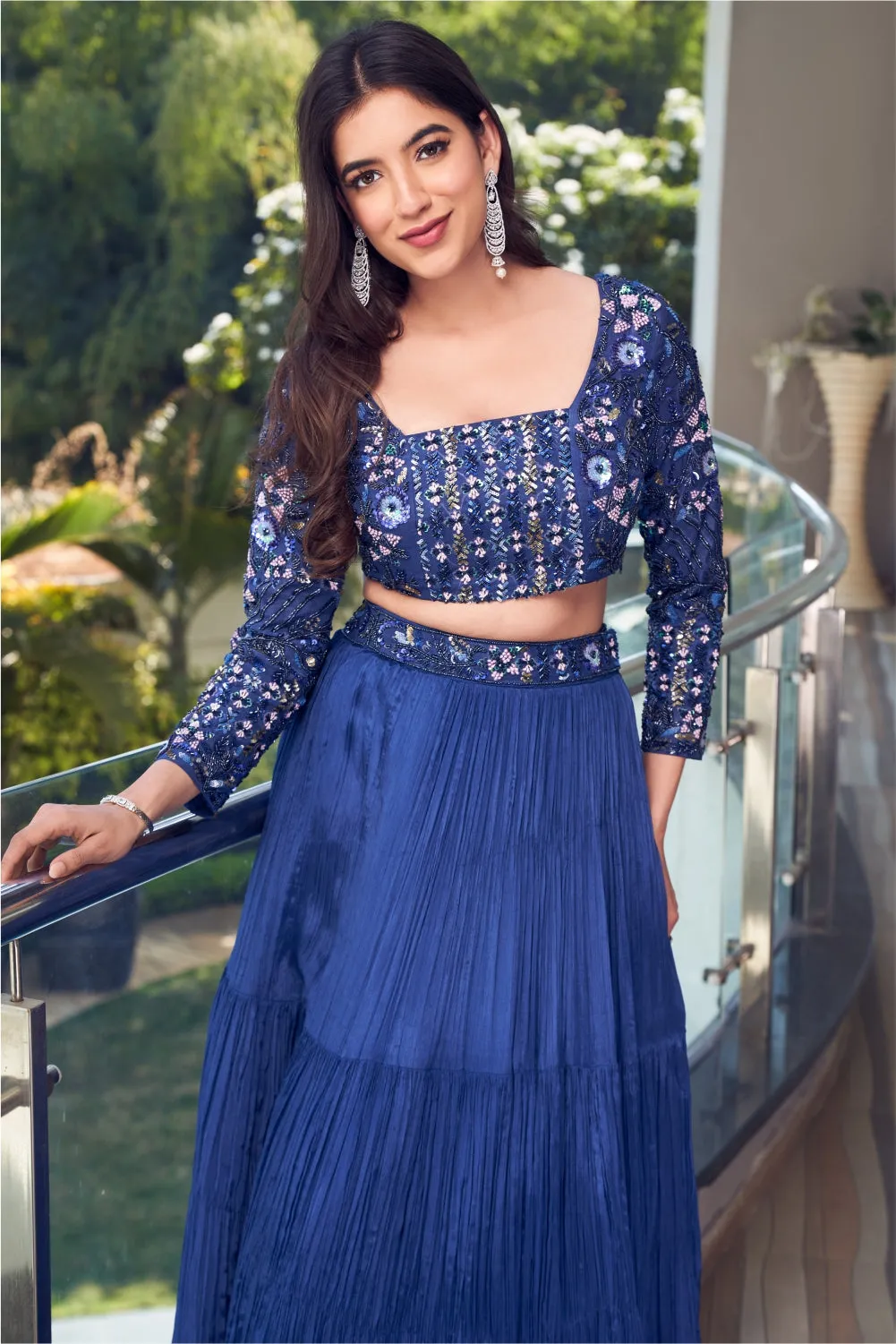 Electric Blue Gathered Skirt With Embellished Blouse