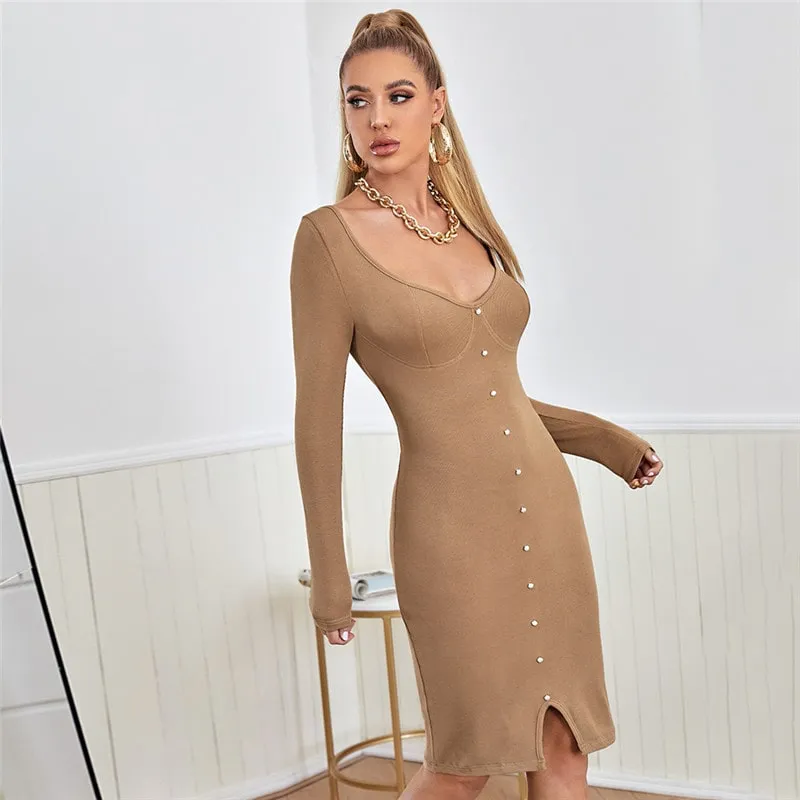 Elegant Solid Color Single-Breasted Knitted Dress