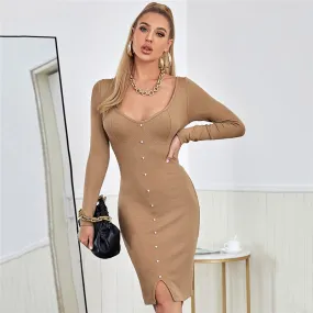 Elegant Solid Color Single-Breasted Knitted Dress