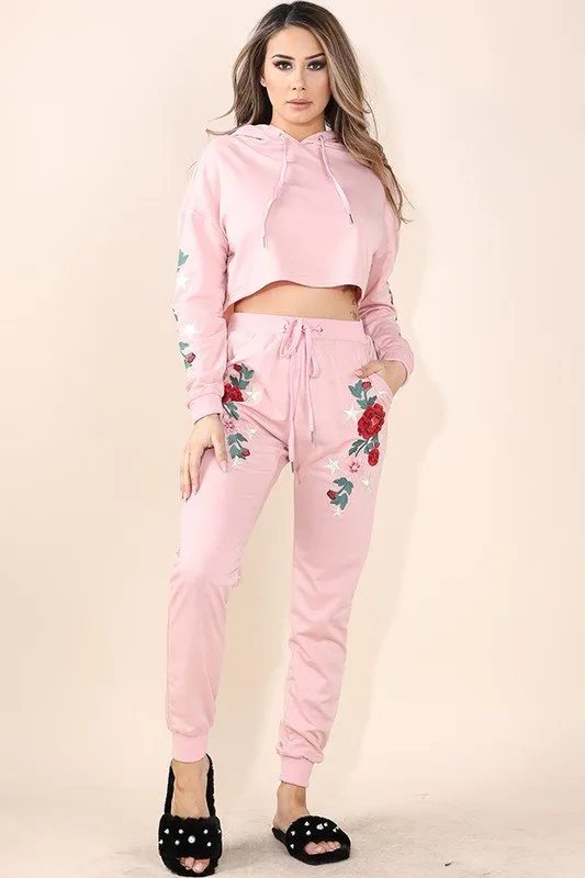 Embroidered Hoodie Pullover Top and Jogger Set