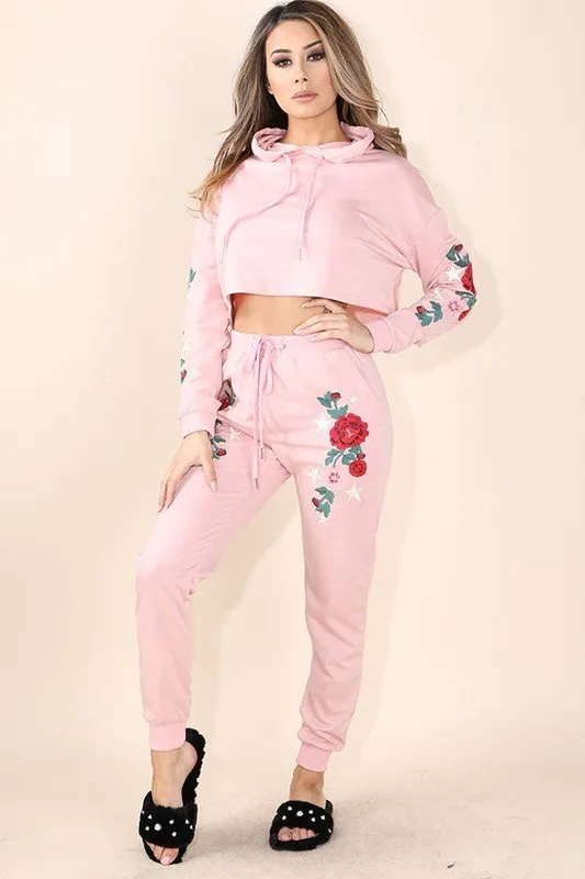 Embroidered Hoodie Pullover Top and Jogger Set