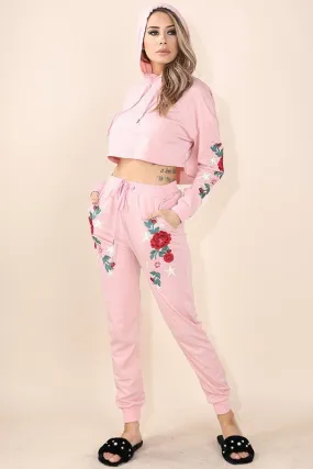 Embroidered Hoodie Pullover Top and Jogger Set
