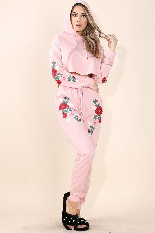Embroidered Hoodie Pullover Top and Jogger Set