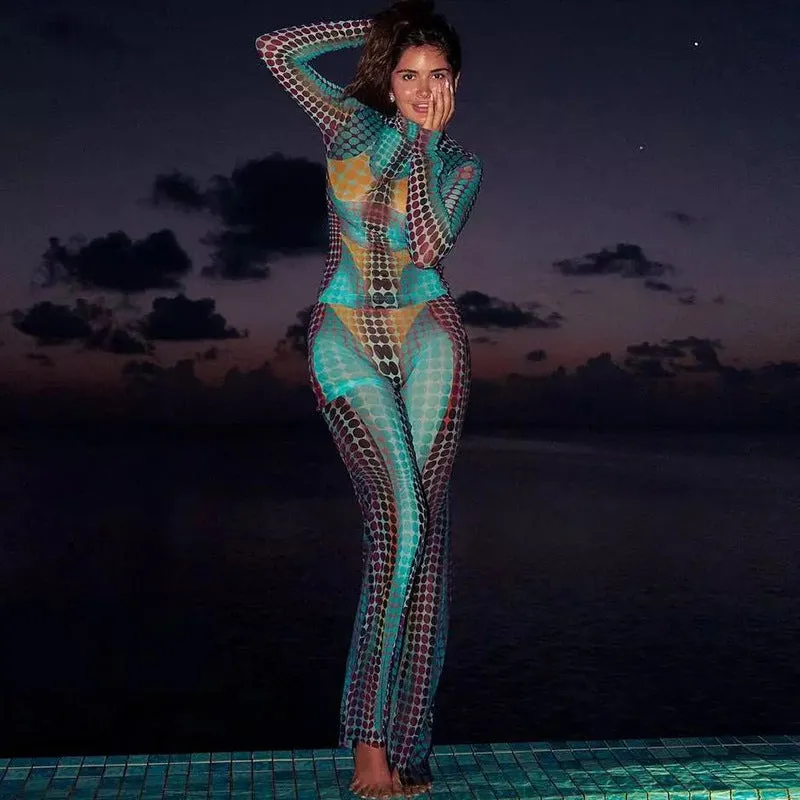 European And American-Style Cross-Border2023Summer New Women's Clothing Fashion Mesh Long SleeveTSlim-Fit Micro Flared Pants Suit for Women Wholesale
